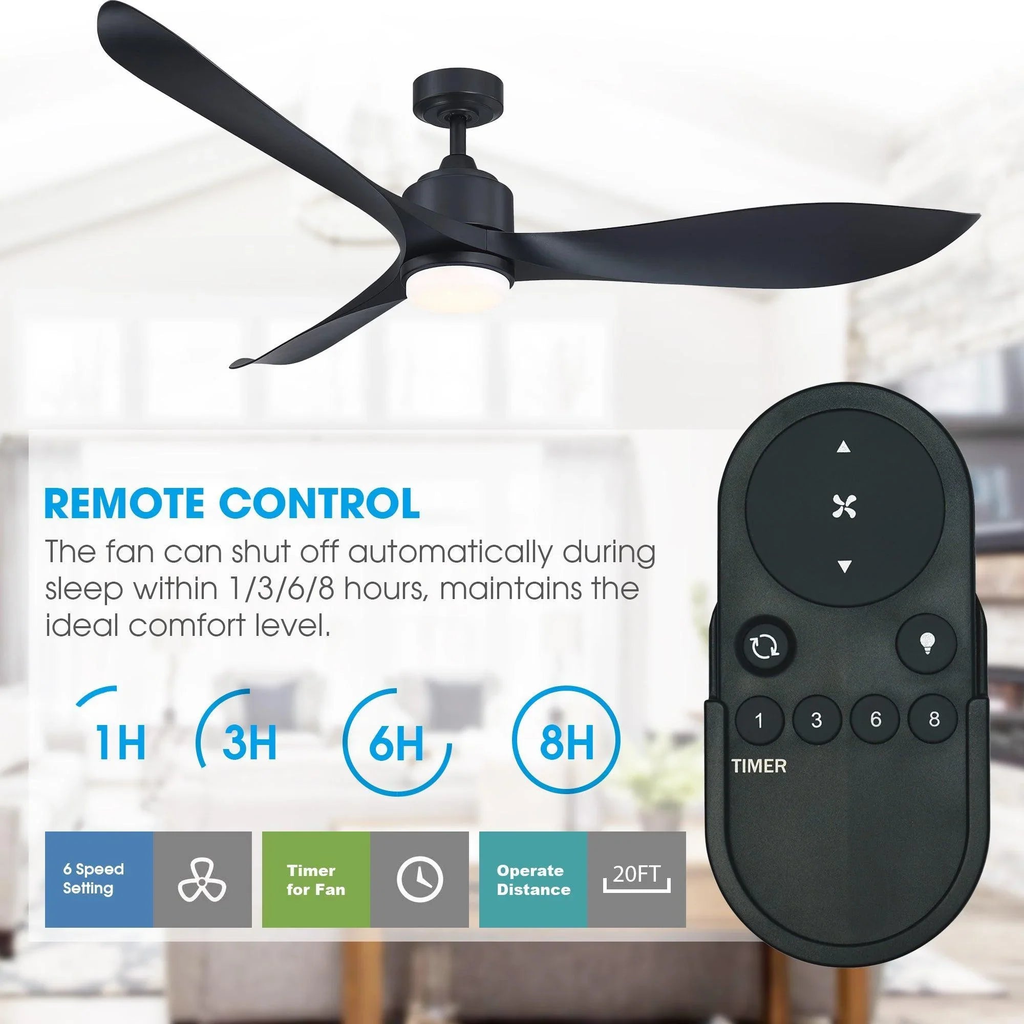Black 66-inch ceiling fan with 3 blades and integrated LED light, shown with remote control.