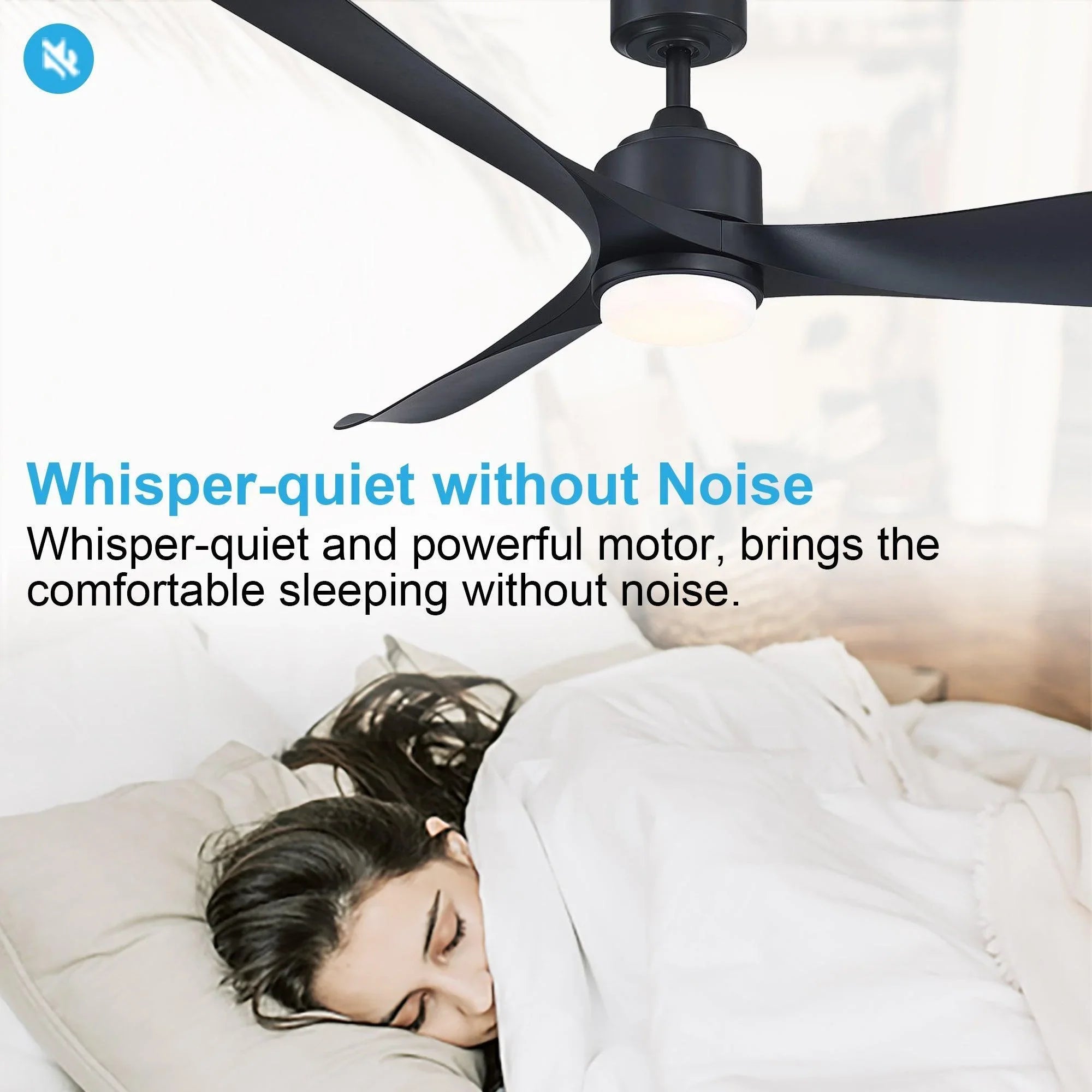 Black ceiling fan with frosted LED light panel and three angled blades