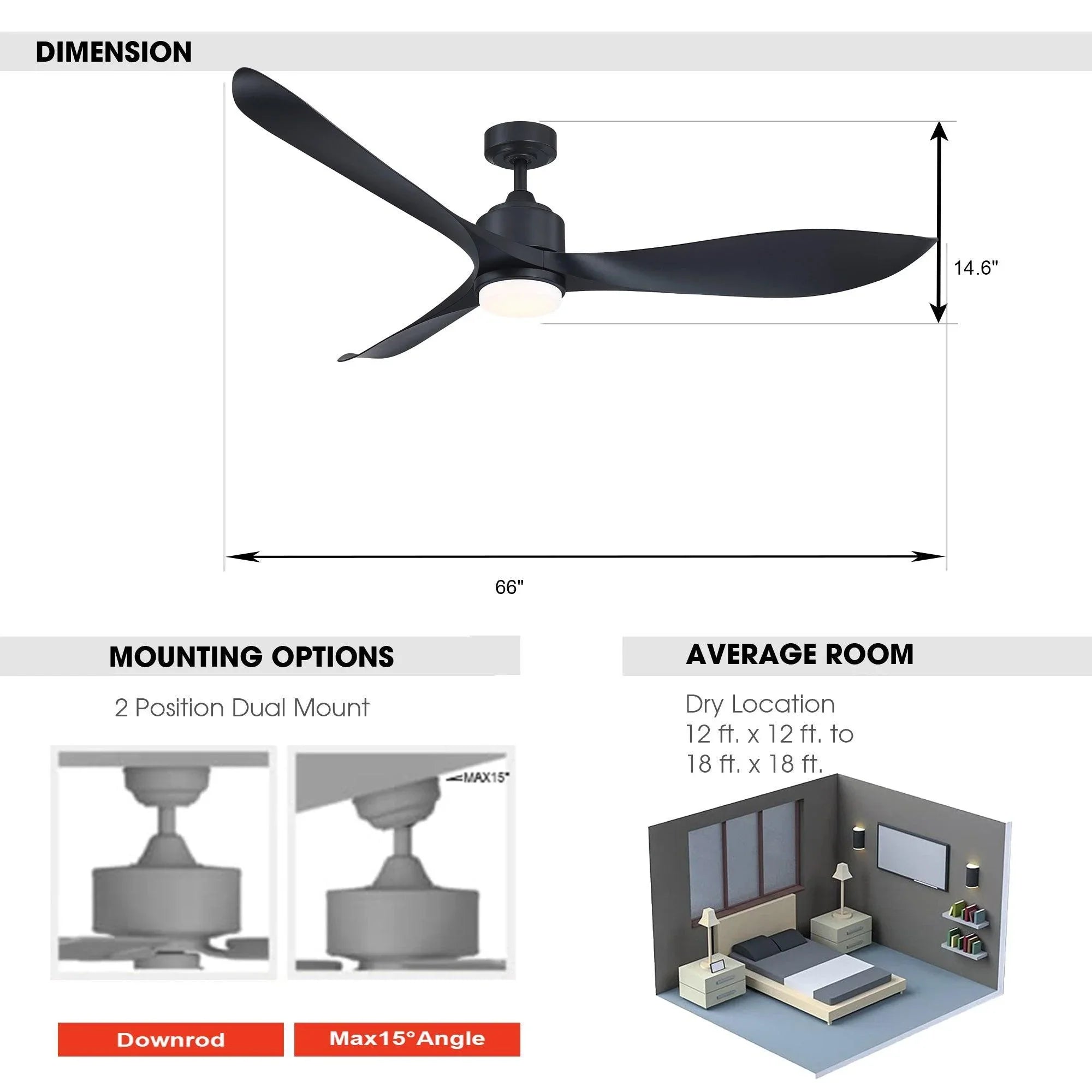Black 66-inch ceiling fan with integrated LED light, product dimensions on white background.