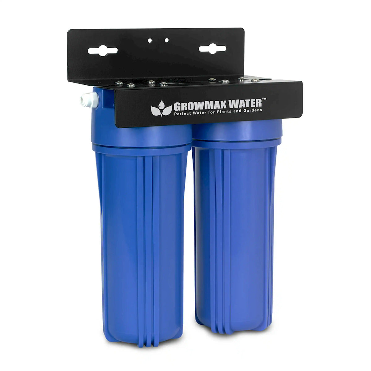 Two blue filter canisters with black mounting bracket and side inlet fitting