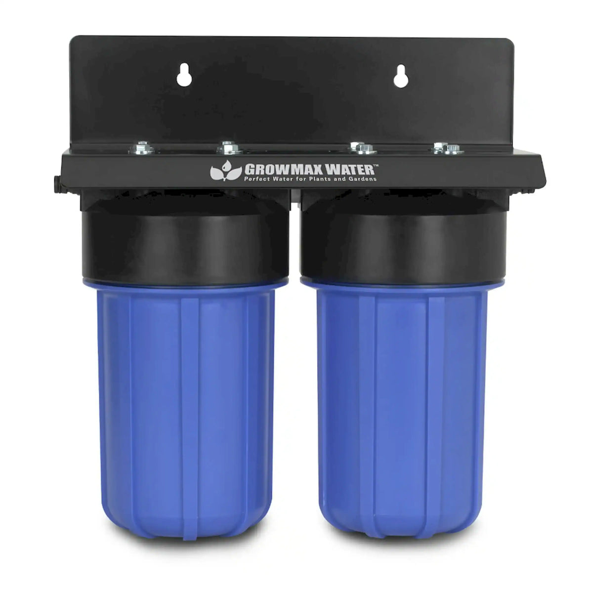 Front view of garden water filtration system with black top and two blue filter housings