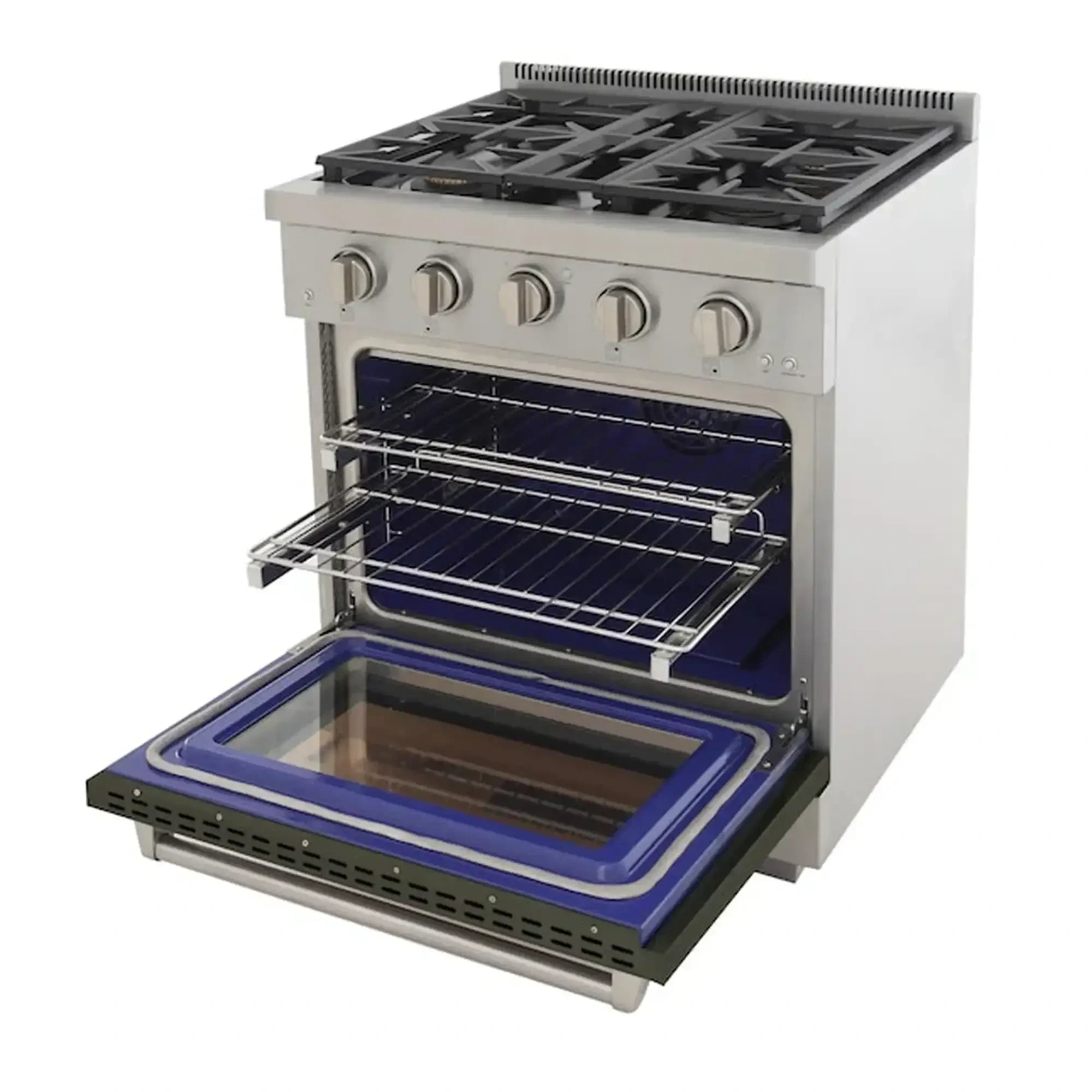 Gas range oven door open with interior racks and blue enamel base