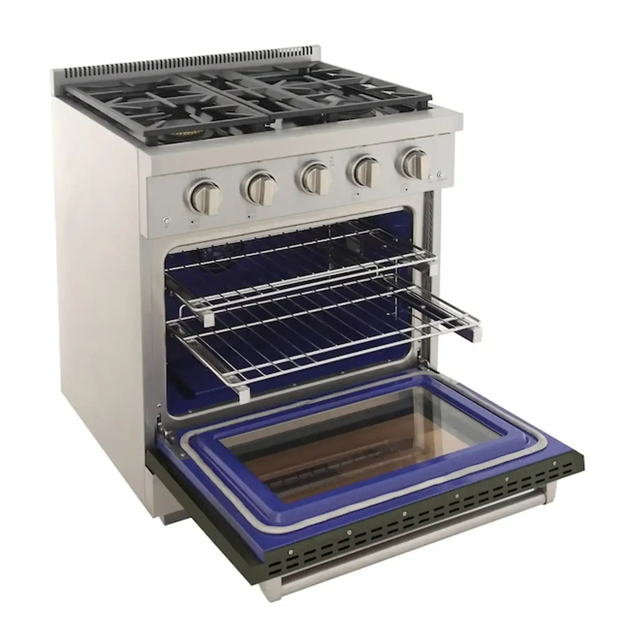 Propane gas range oven open with blue base, wire racks, and grill grate