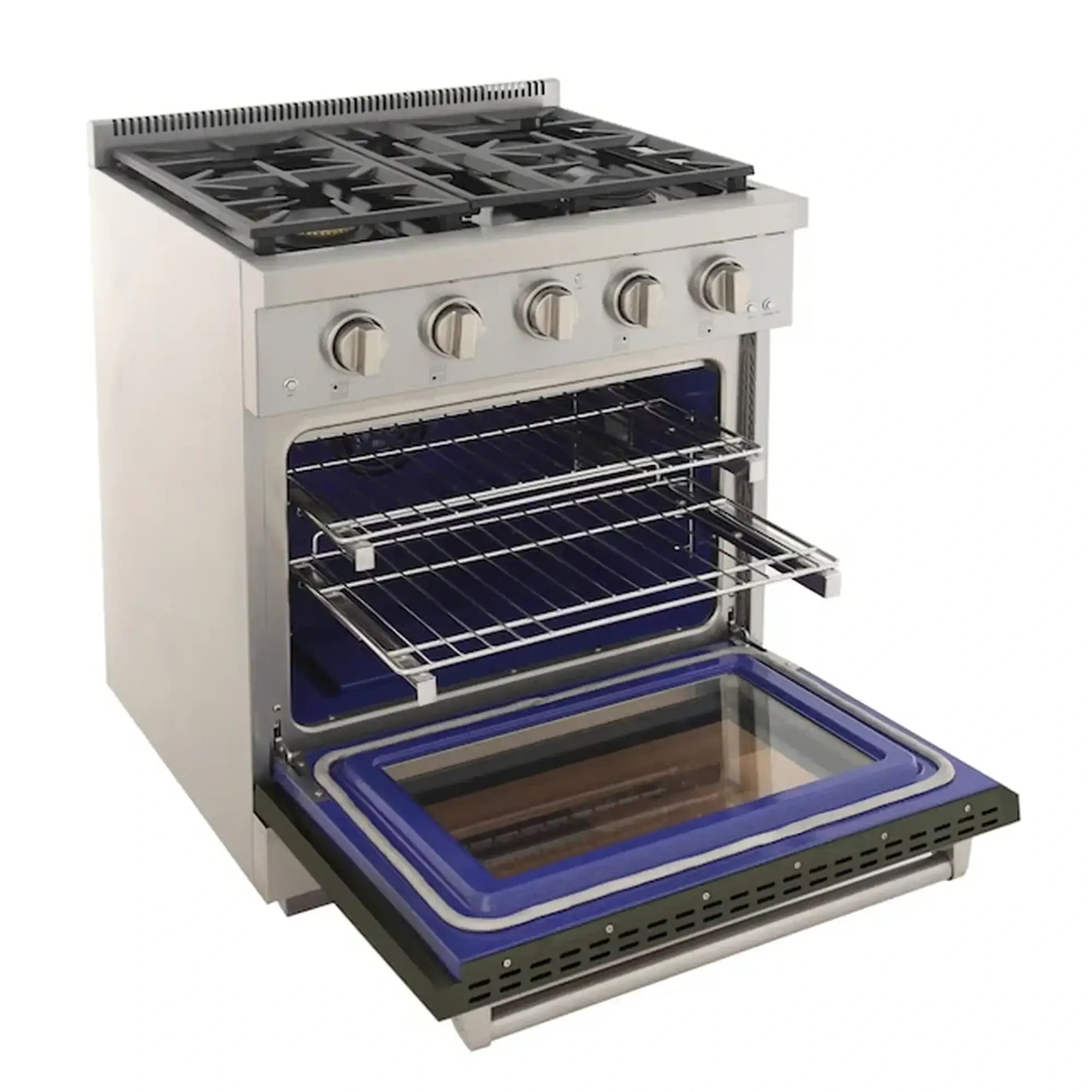 Gas range with oven door open, chrome racks over blue enamel