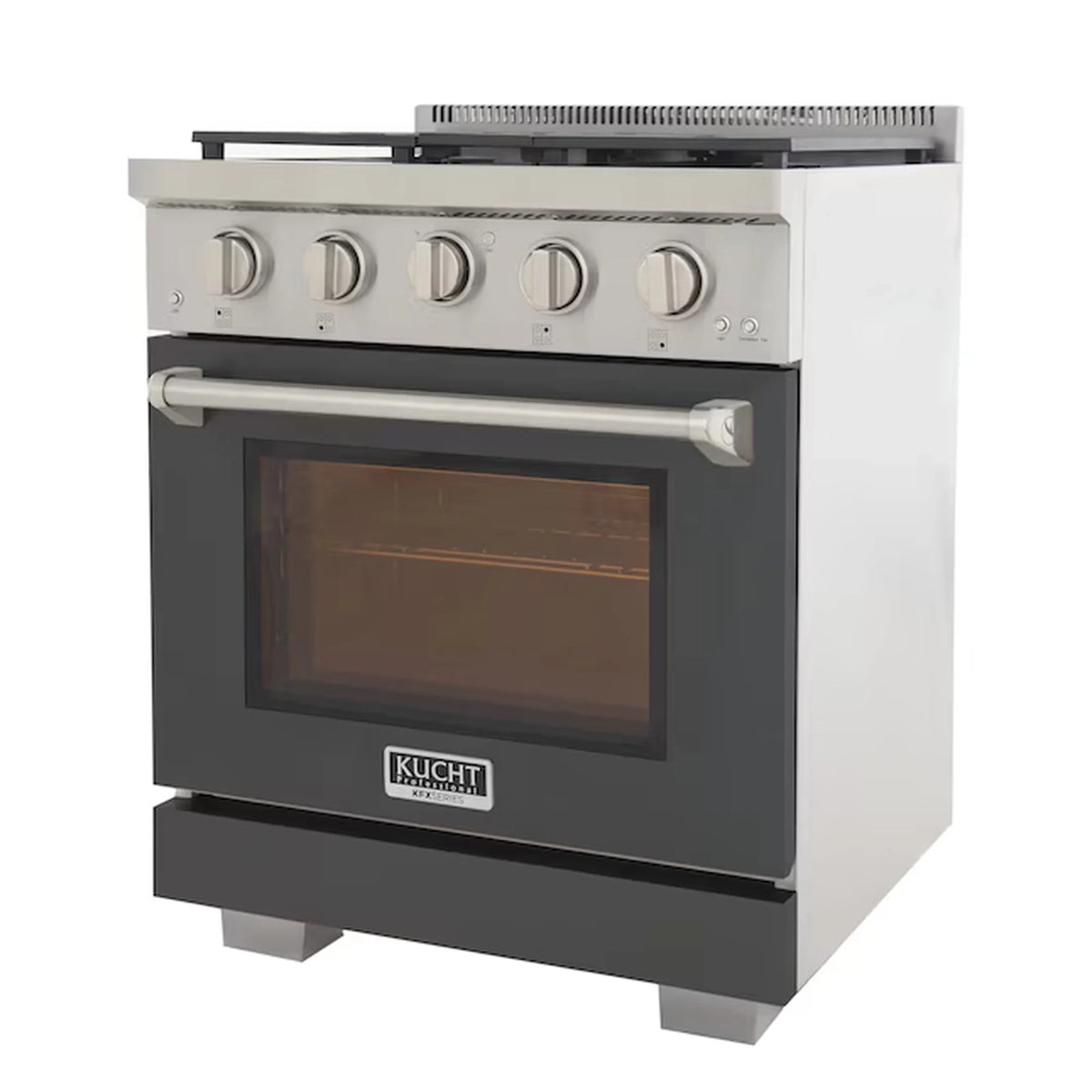 Cement gray gas range with oven window, front knobs, and centered oven handle