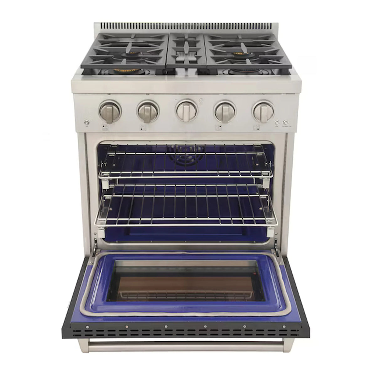 Cement gray gas range with open oven door, broiler/grill racks and window