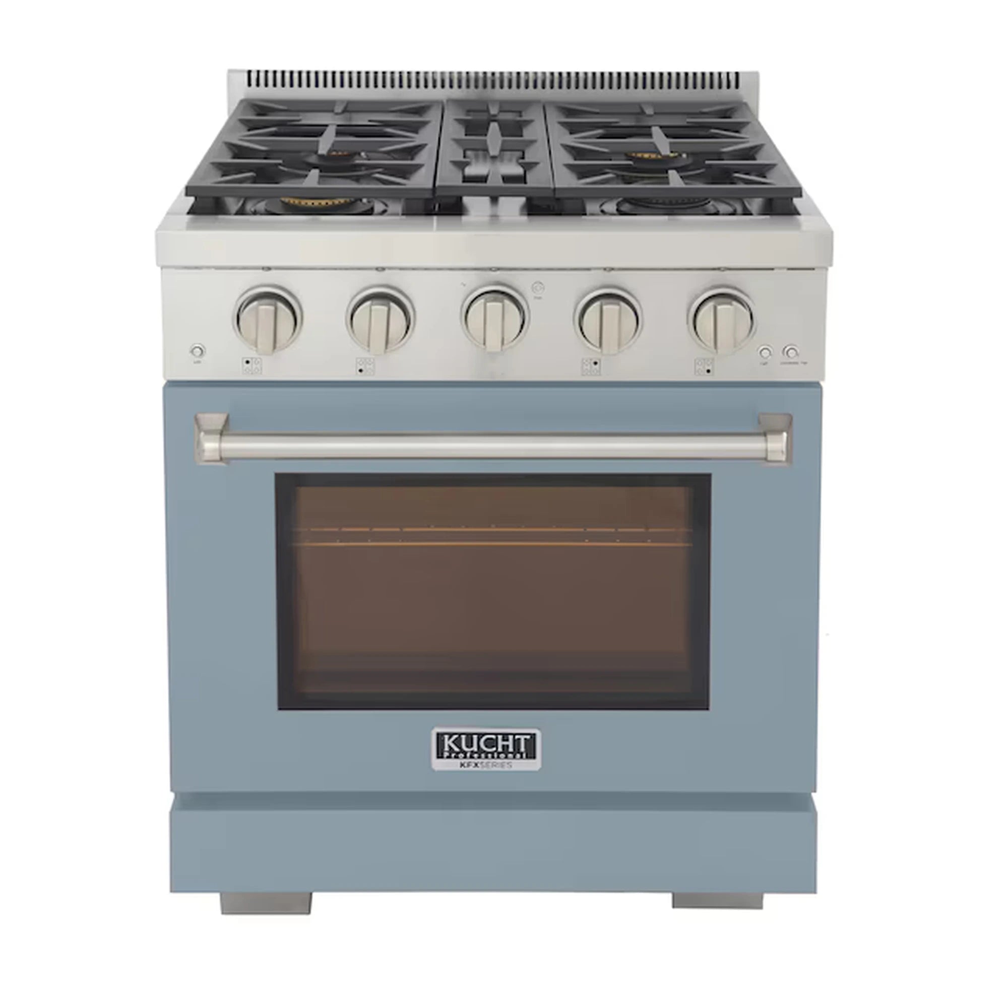 Light blue gas range with four burner grates and silver control knobs