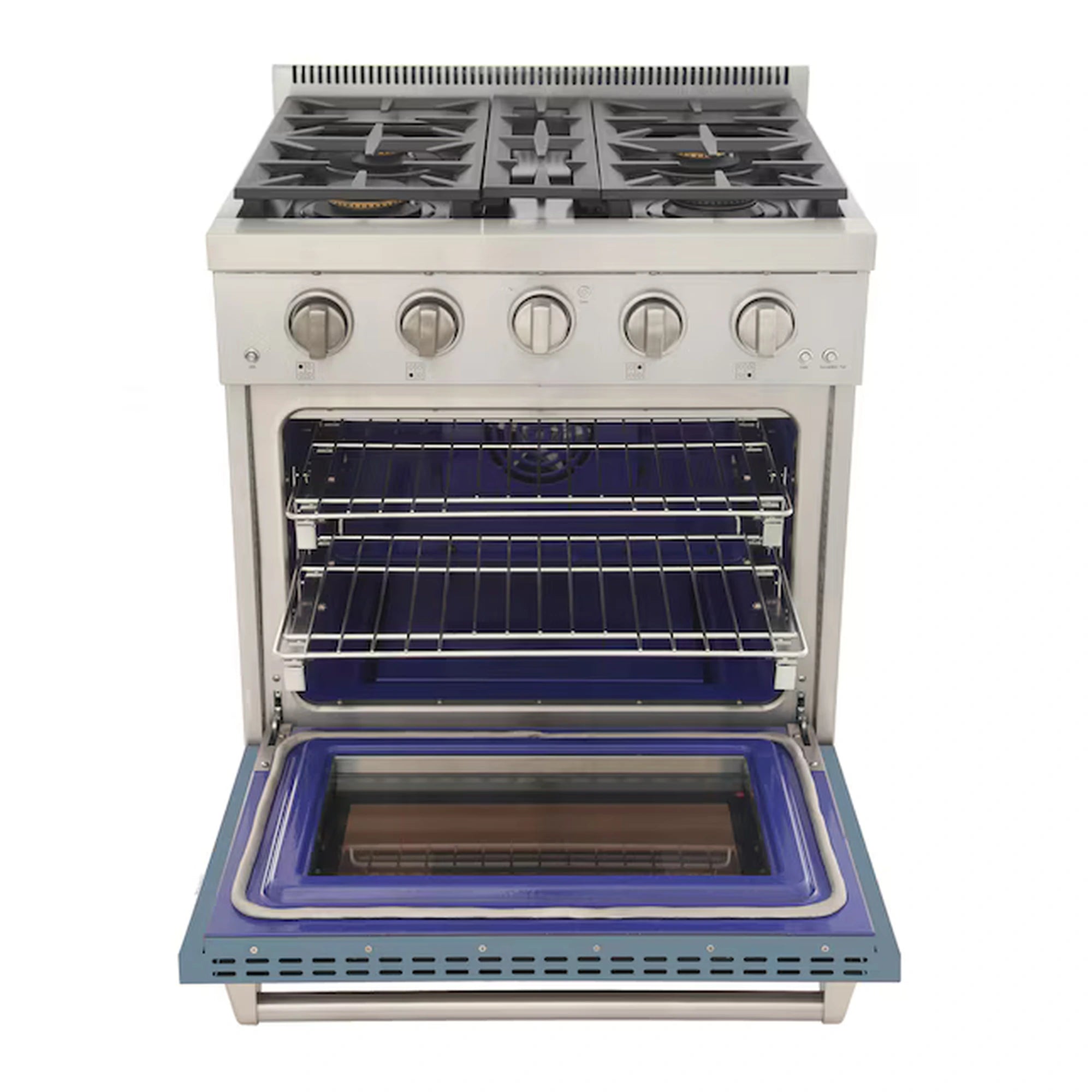 Light blue gas range with oven door open showing wire racks and interior glass