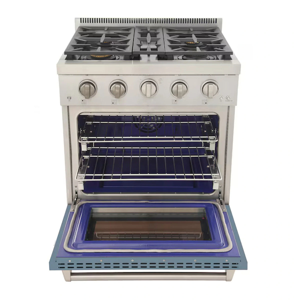 Light blue propane gas range with open oven and wire racks