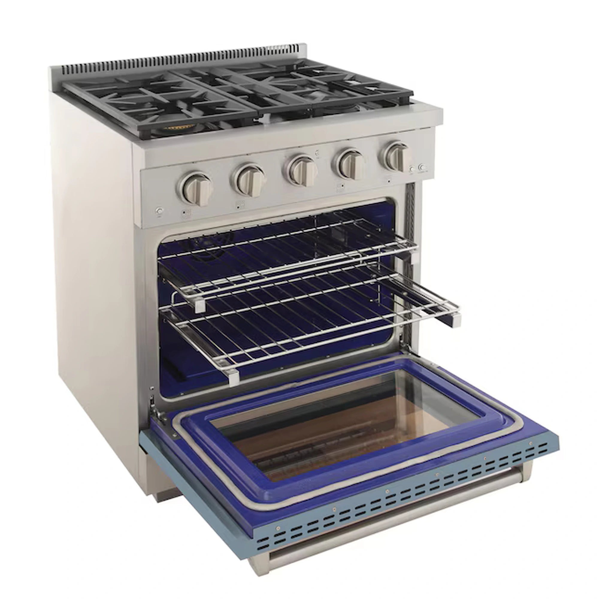 Light blue gas range with open oven and wire rack inside, blue oven door
