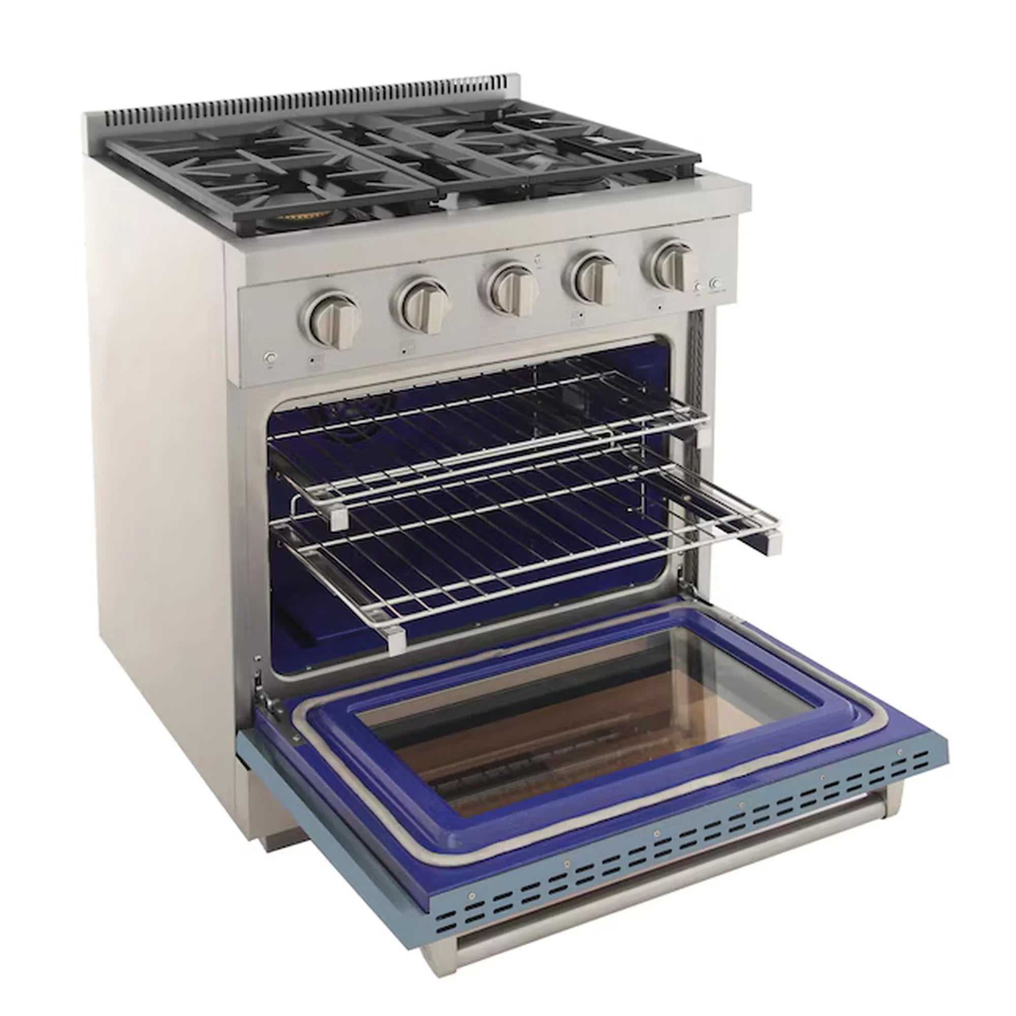 Light blue propane gas range with open oven cavity and blue door frame