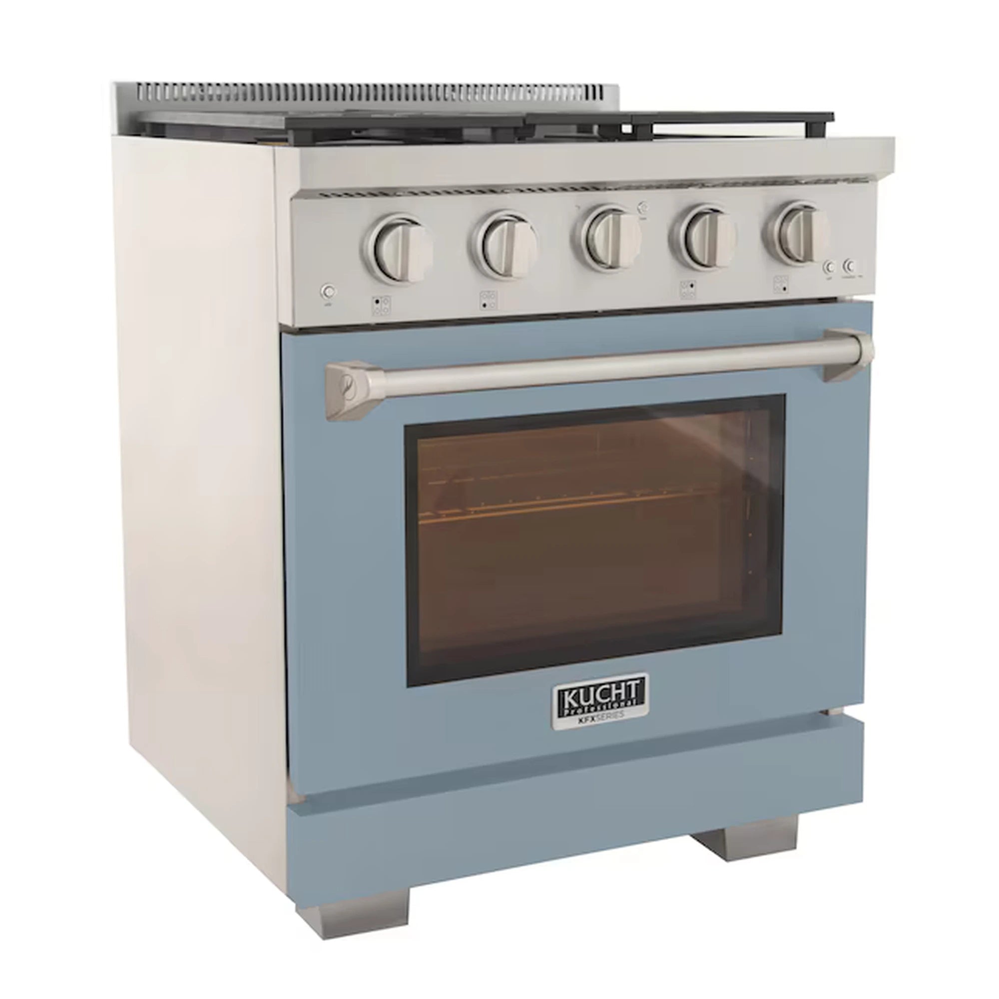 Light blue gas range with silver knobs and centered oven door window