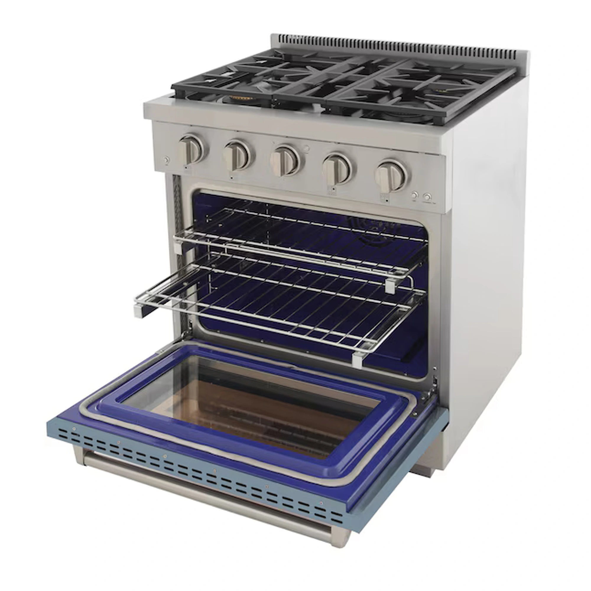 Light blue gas range with open oven door showing wire racks and blue interior