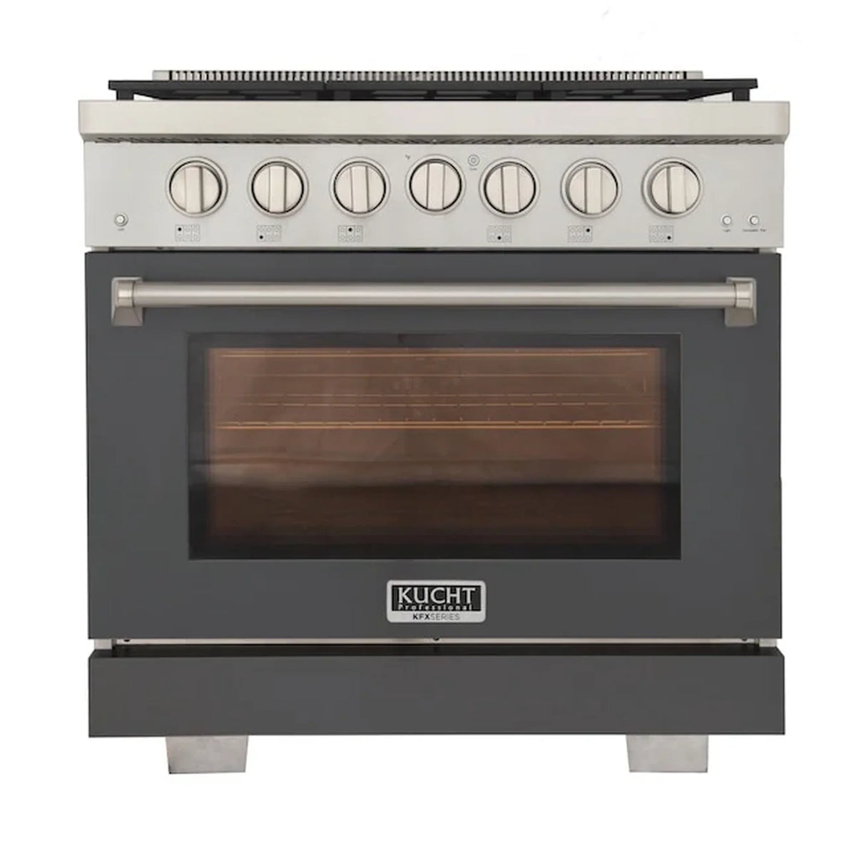 36-inch propane gas range with gray body, silver control panel and window door