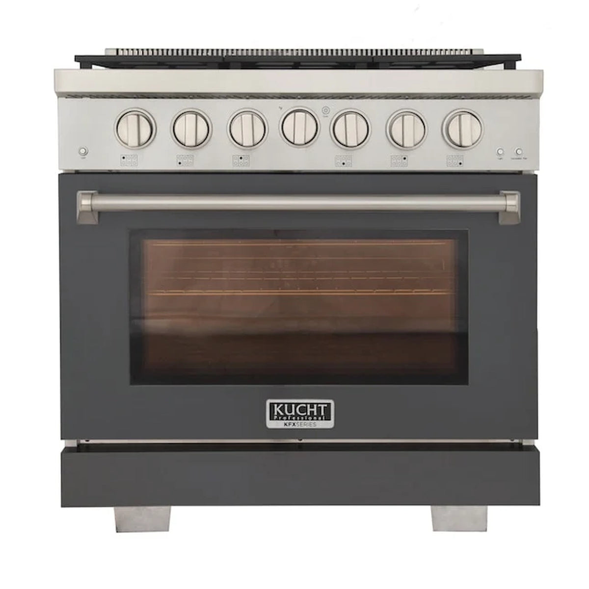 Gray gas range oven door with handle and Kucht logo on panel