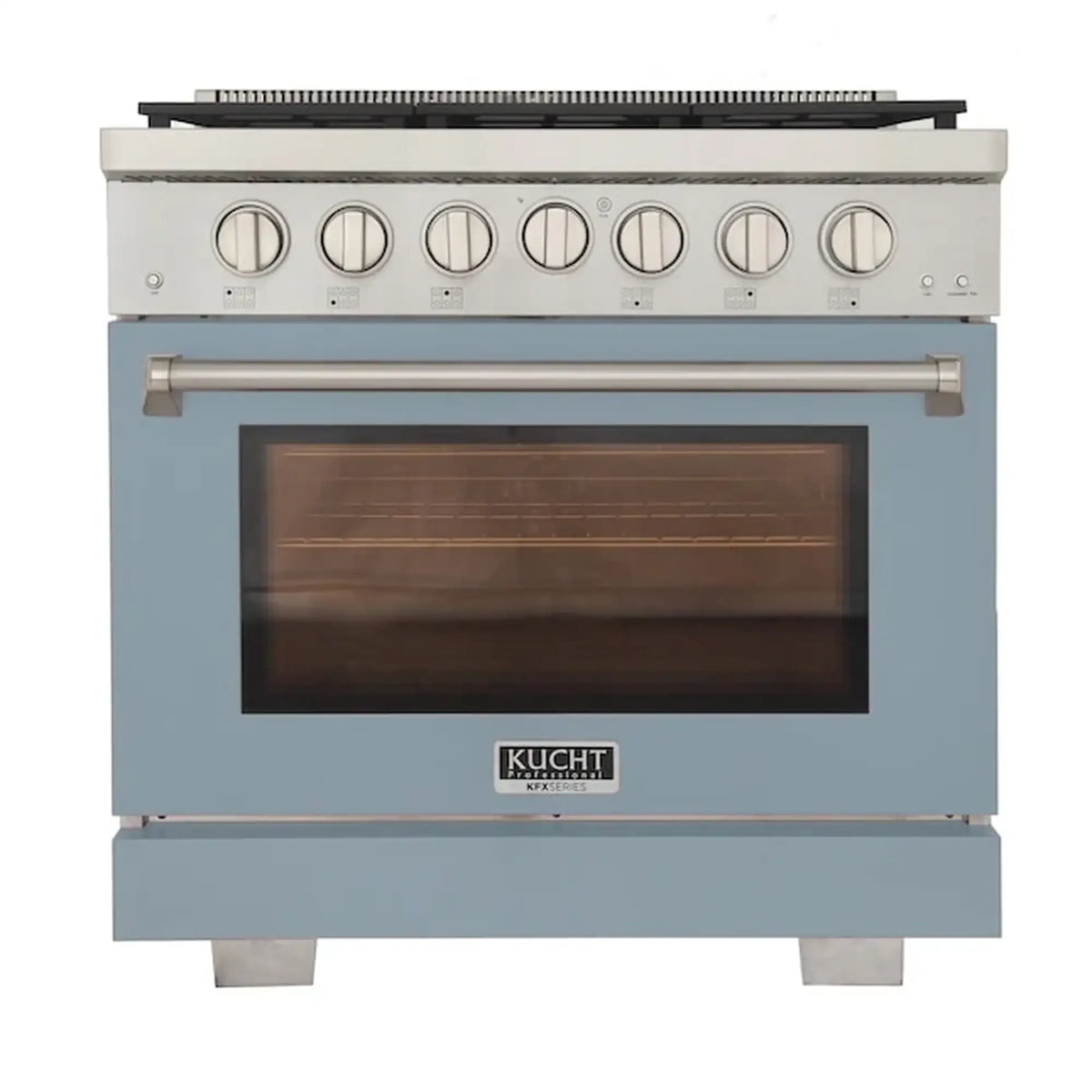 Light blue propane gas range with silver knobs and windowed oven door