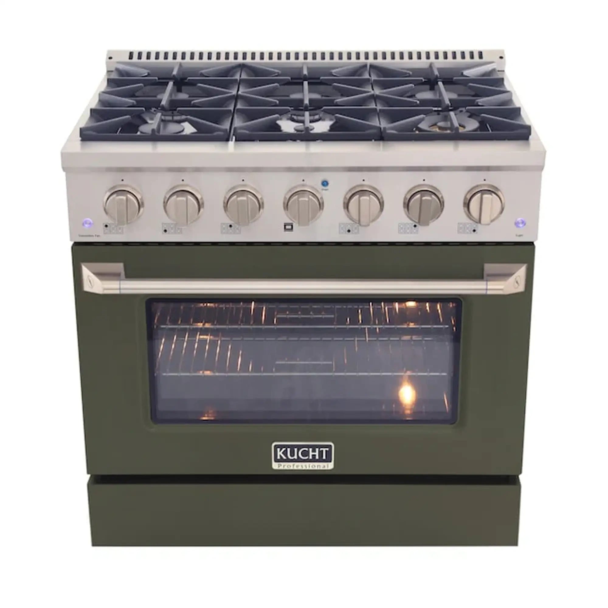 Olive green Kucht gas range with oven window and silver burner control knobs