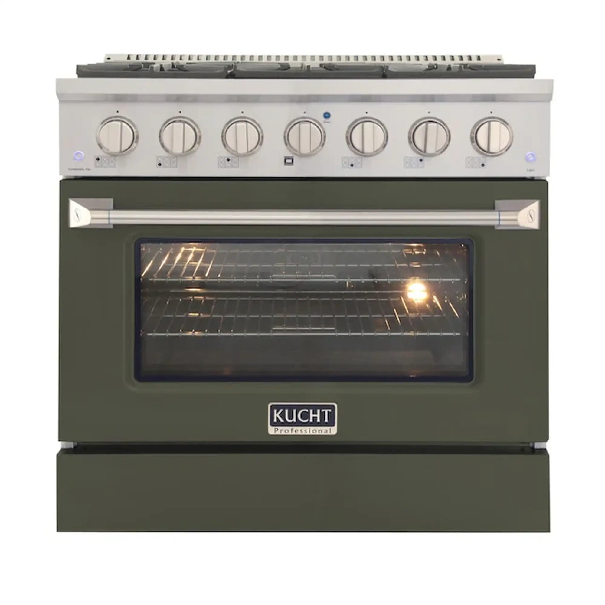 Olive green Kucht gas range with oven window and silver control knobs