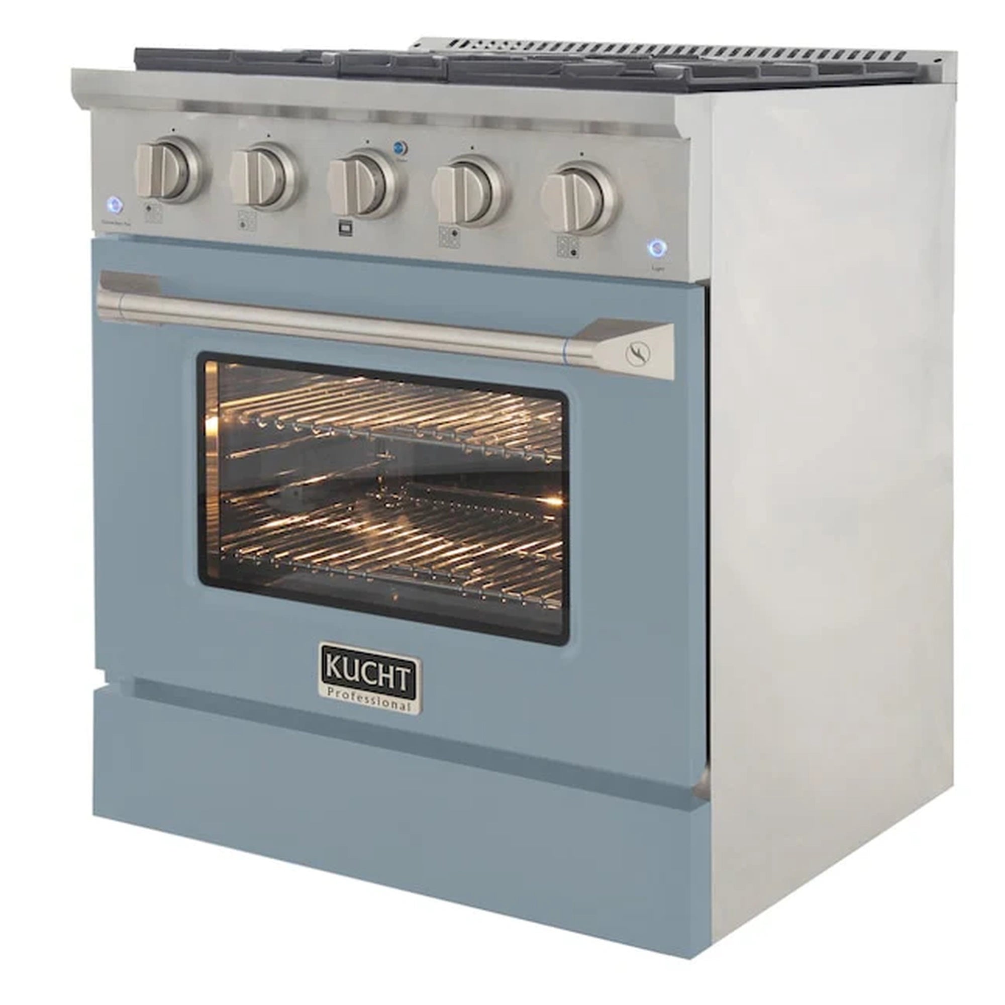 Light blue dual fuel range with oven door open and broil-style burner grates above