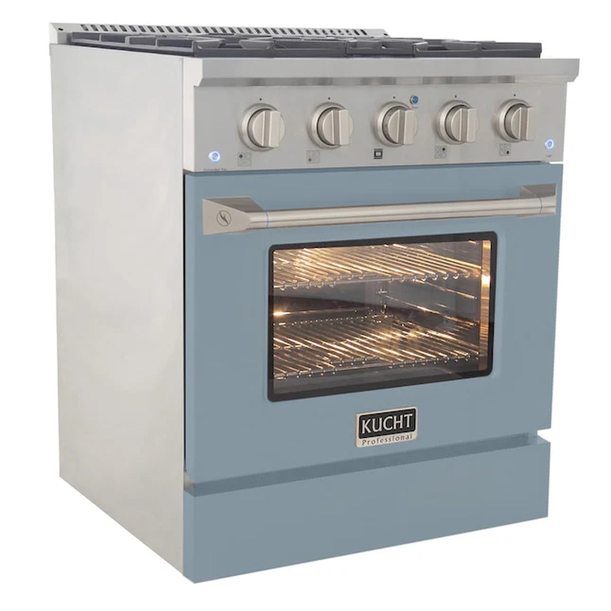 Light blue professional gas range with silver knobs, oven window, and side panel