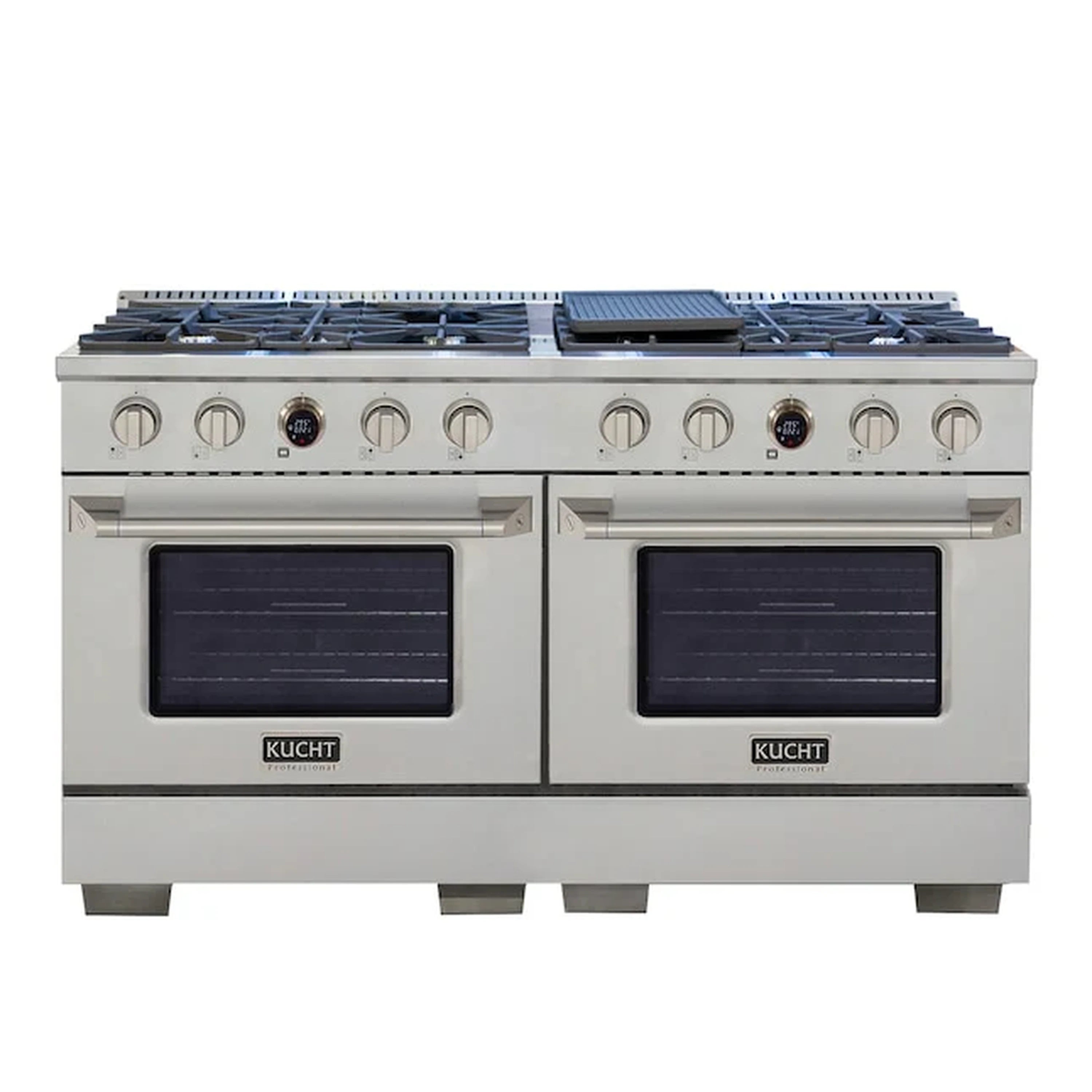Stainless steel dual fuel range with two ovens and 8 gas burners, digital controls
