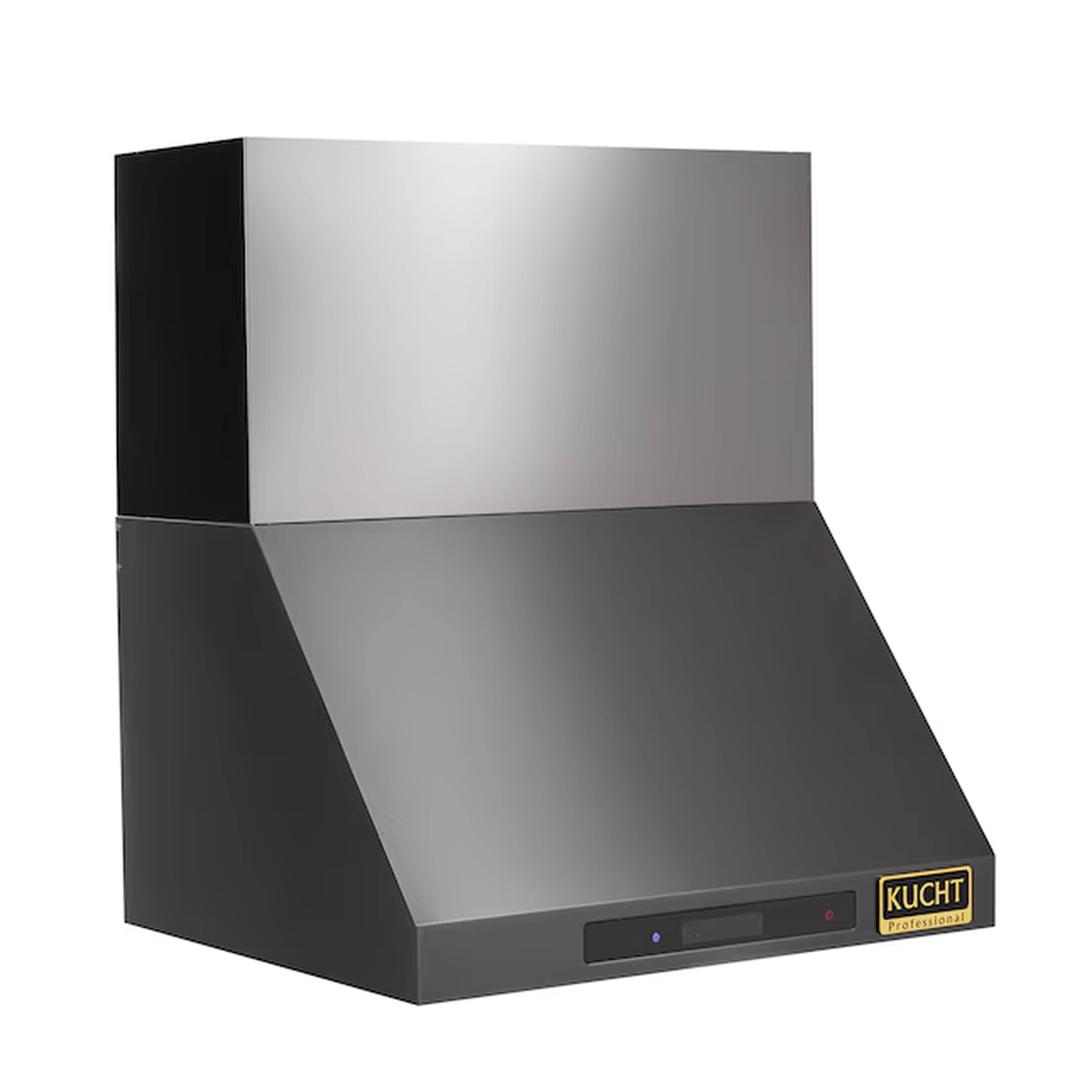 Dark titanium ducted wall mount range hood, angled front view with control panel