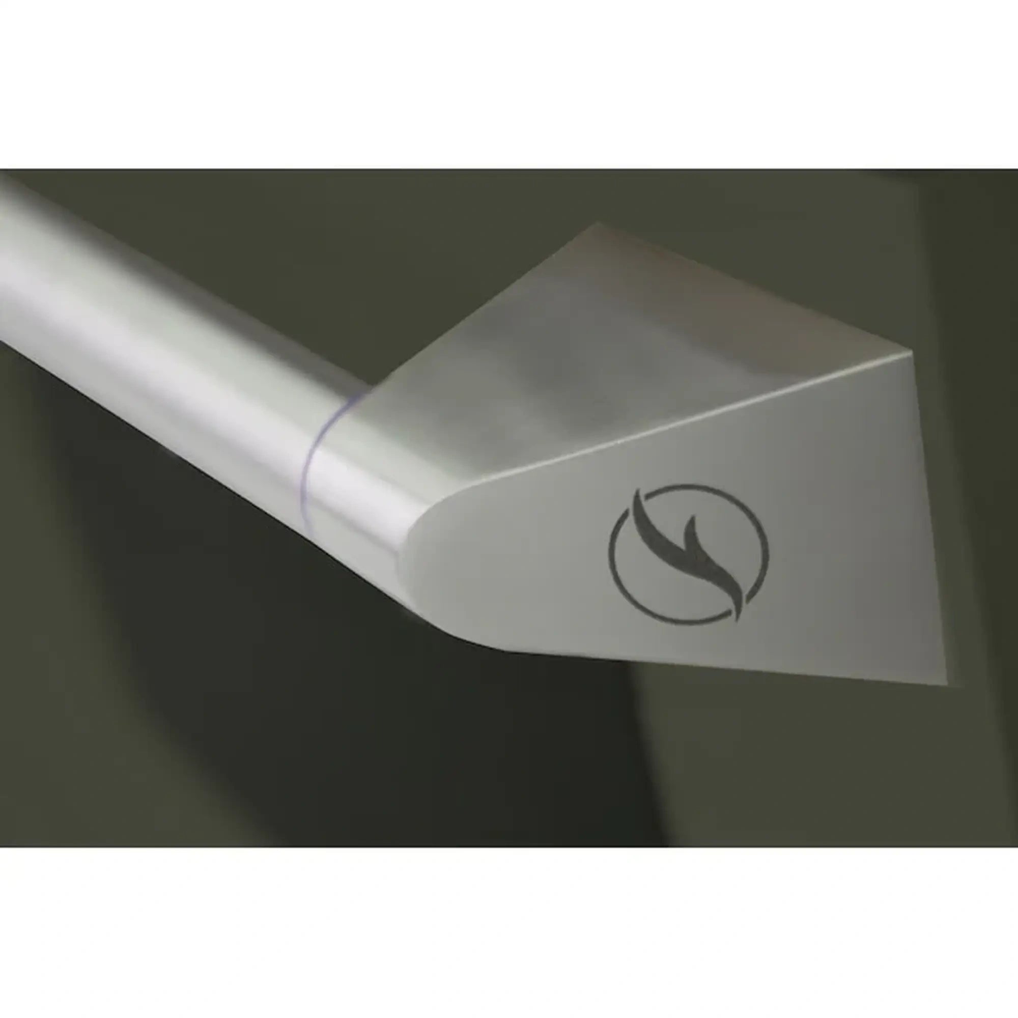 Gas range side panel with flame icon on olive-colored control area
