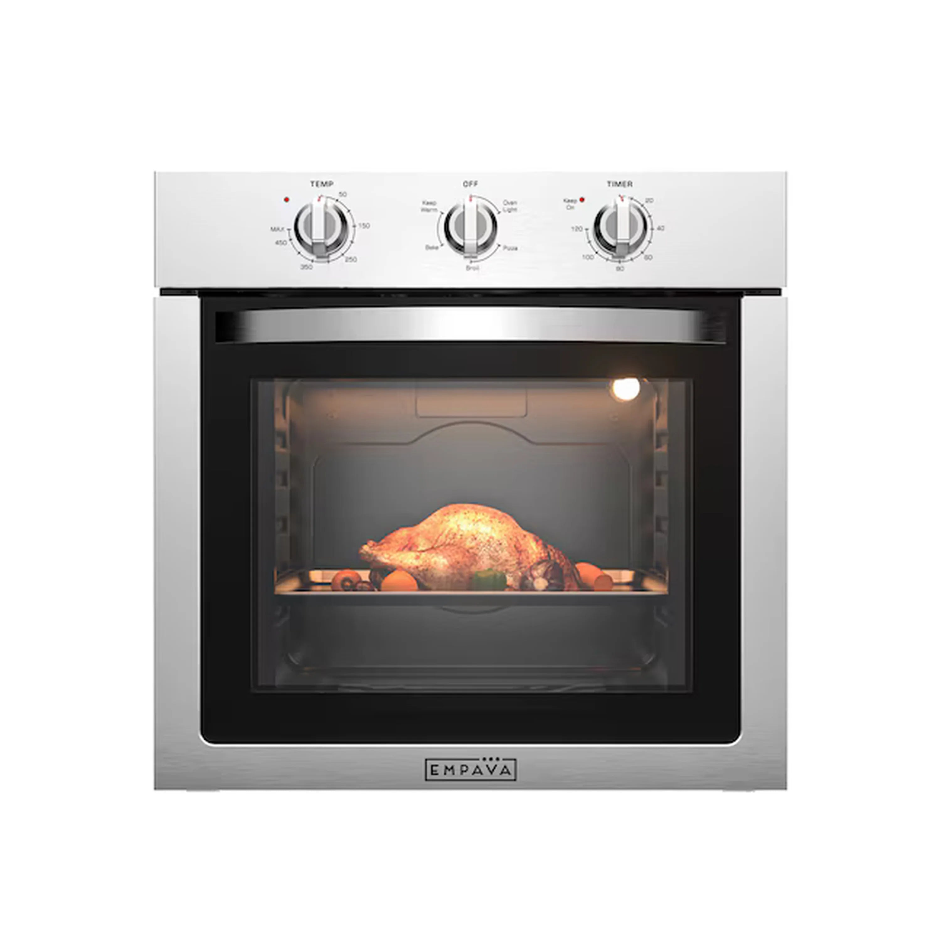Stainless steel single wall oven front view with open door and roast inside