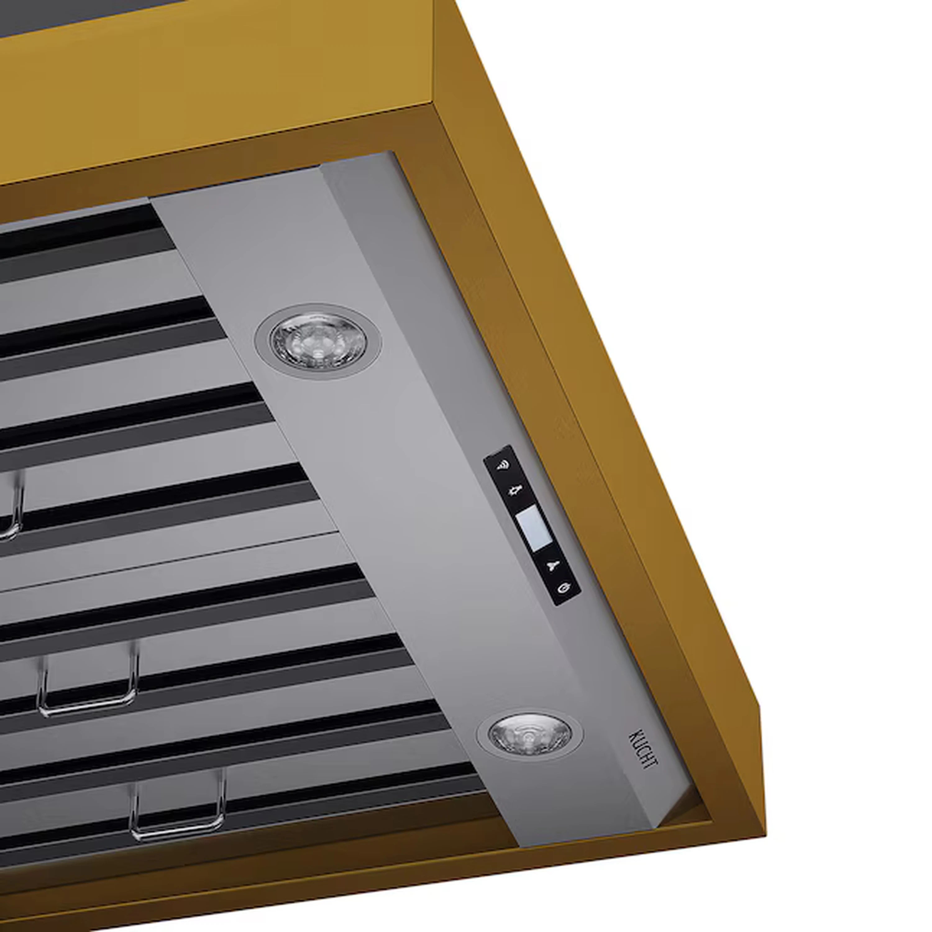 Ducted wall range hood control panel with stainless finish, gold border, and two lights