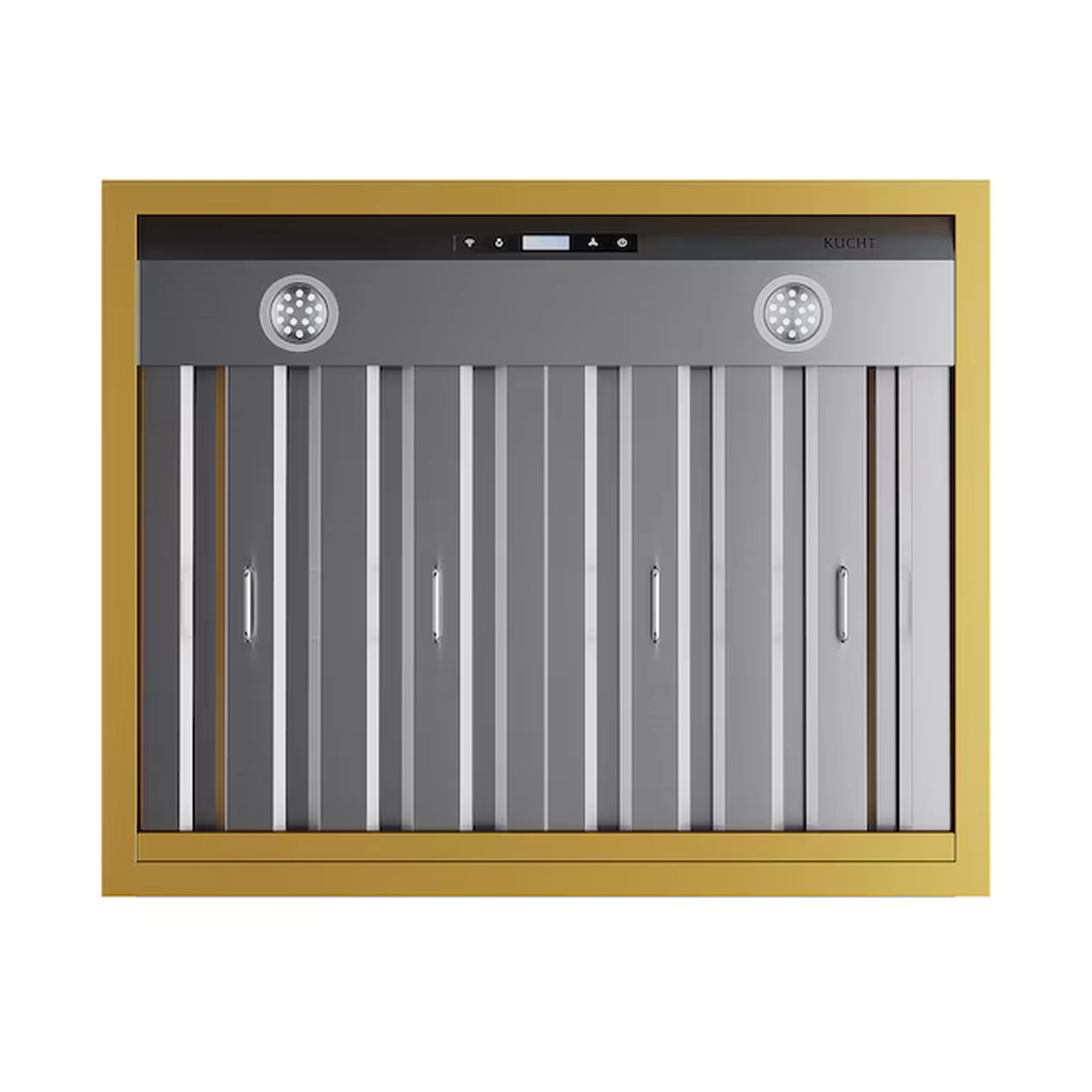 Ducted range hood front with stainless baffles, two round lights, and gold frame