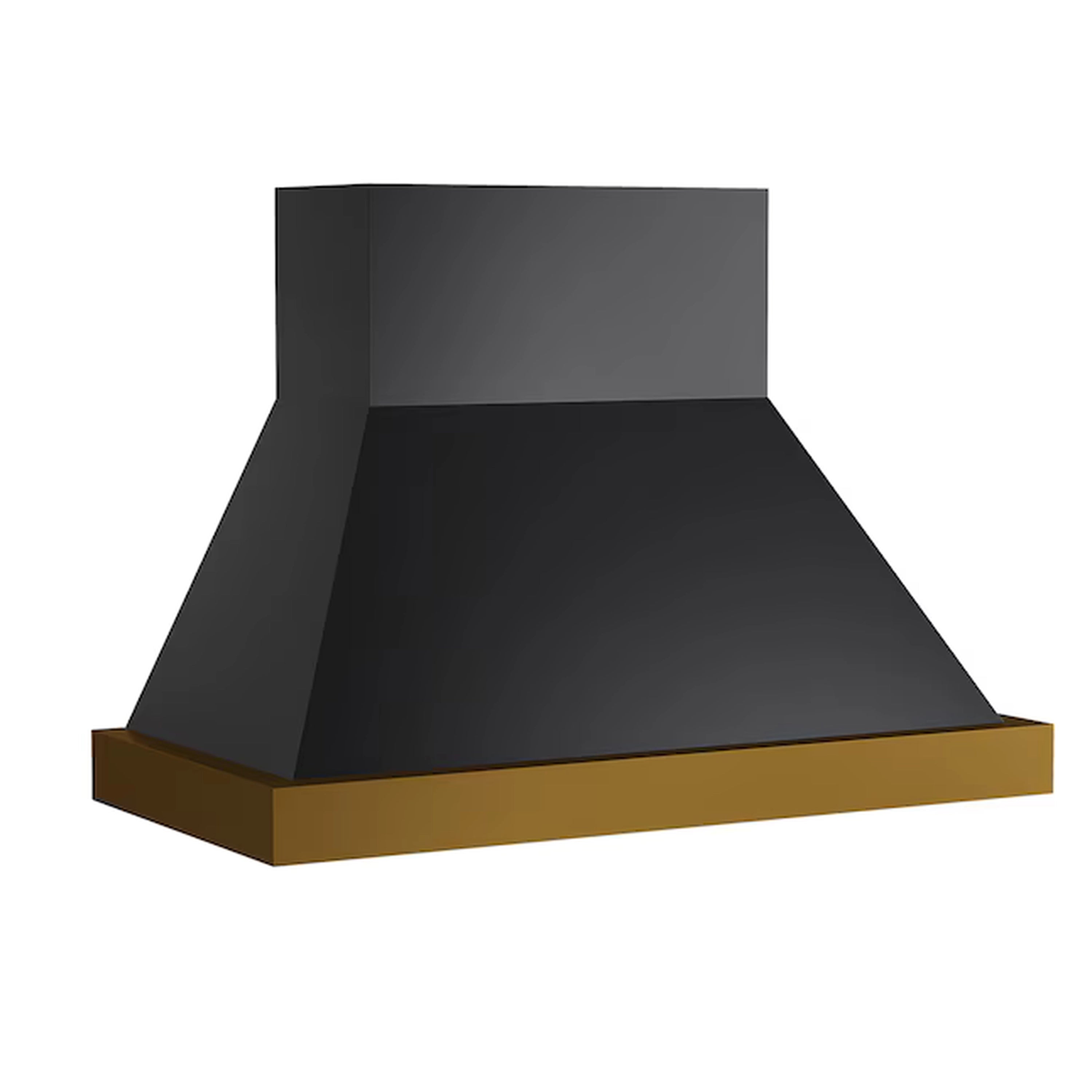 Dark ducted wall mount range hood with flared chimney and gold base trim