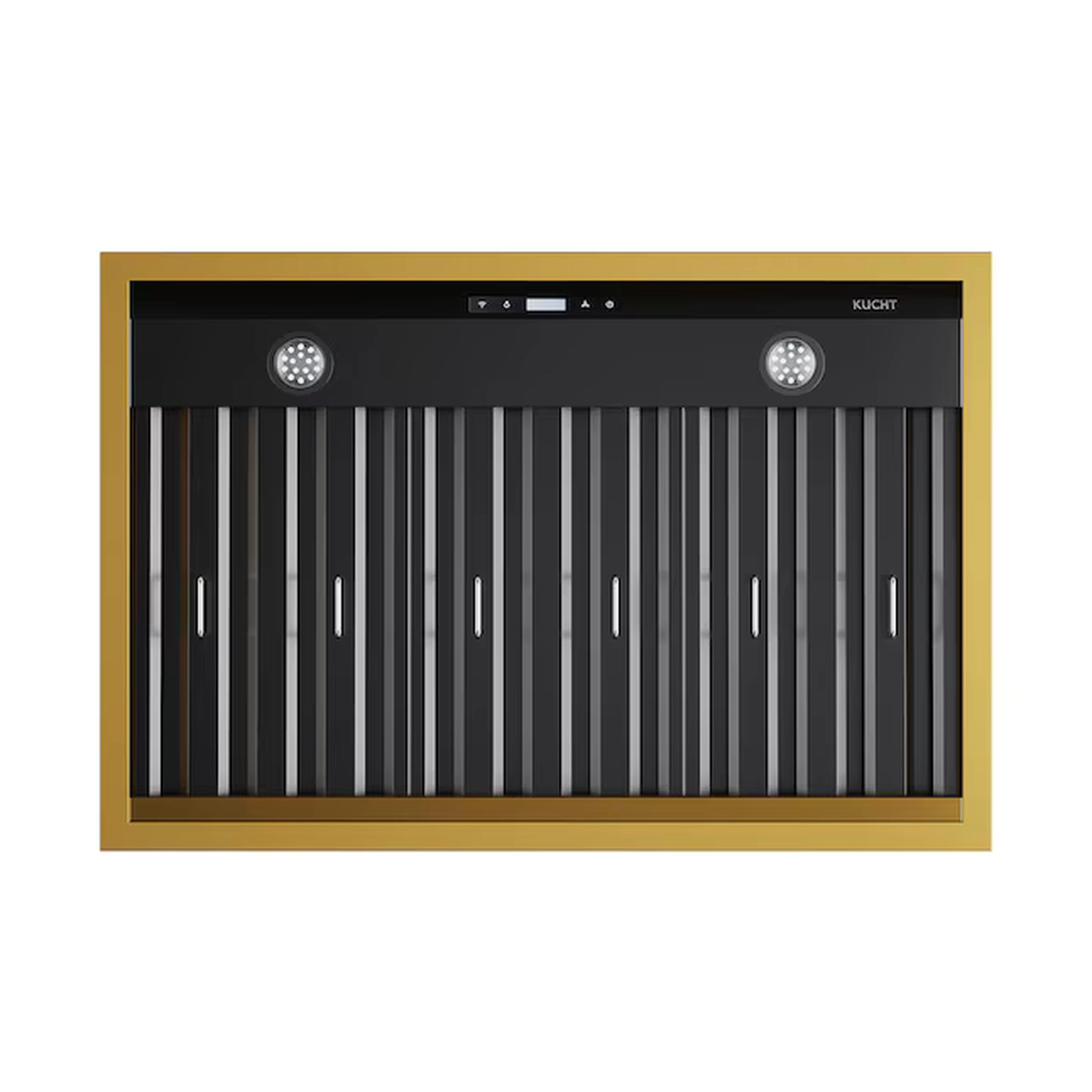 Dark stainless steel wall range hood with gold-trimmed frame and two round lights