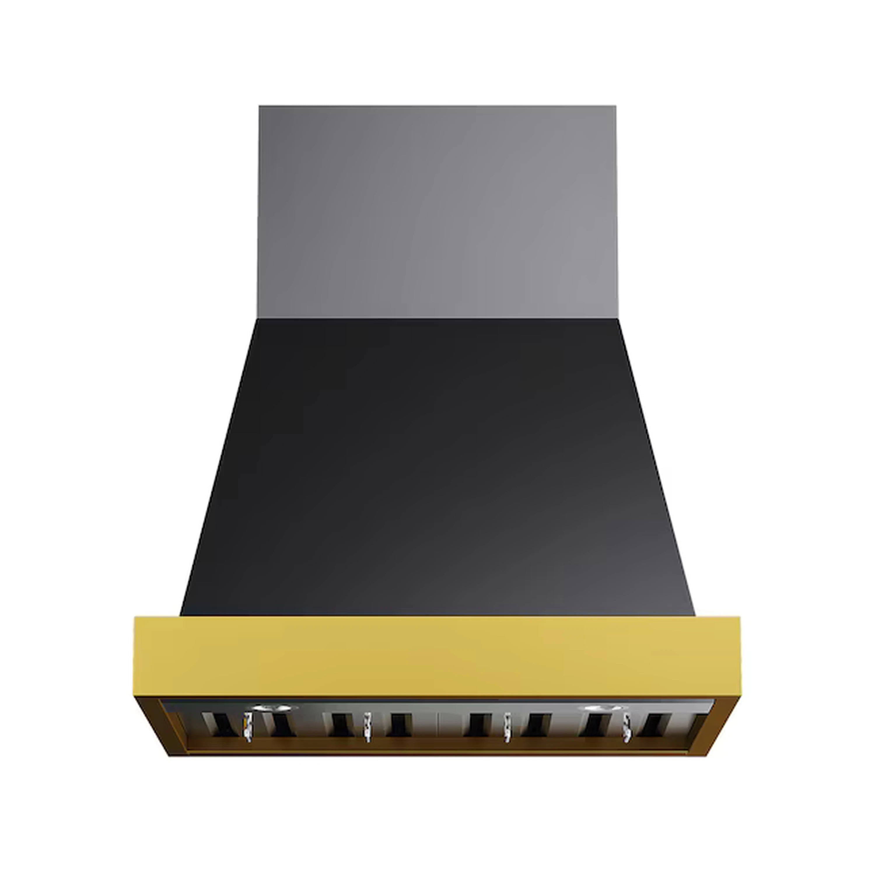 Dark stainless steel ducted wall range hood with gold-toned trim and front control vents