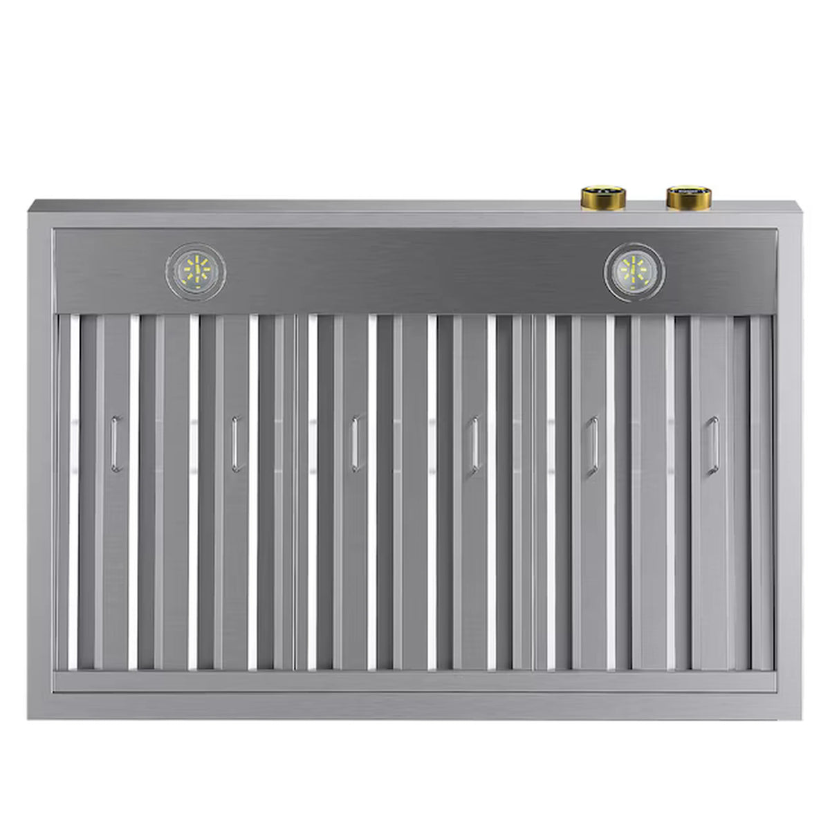 Stainless steel range hood with vertical baffle filters and gold-accent top controls