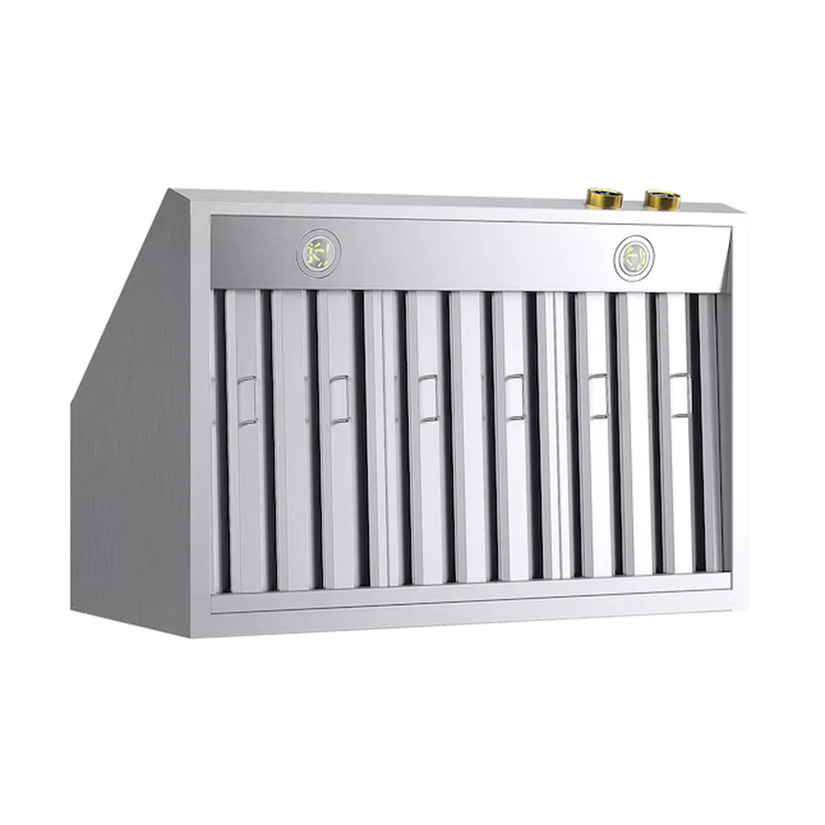 Stainless steel wall range hood angled view with vertical vent slats and gold control caps
