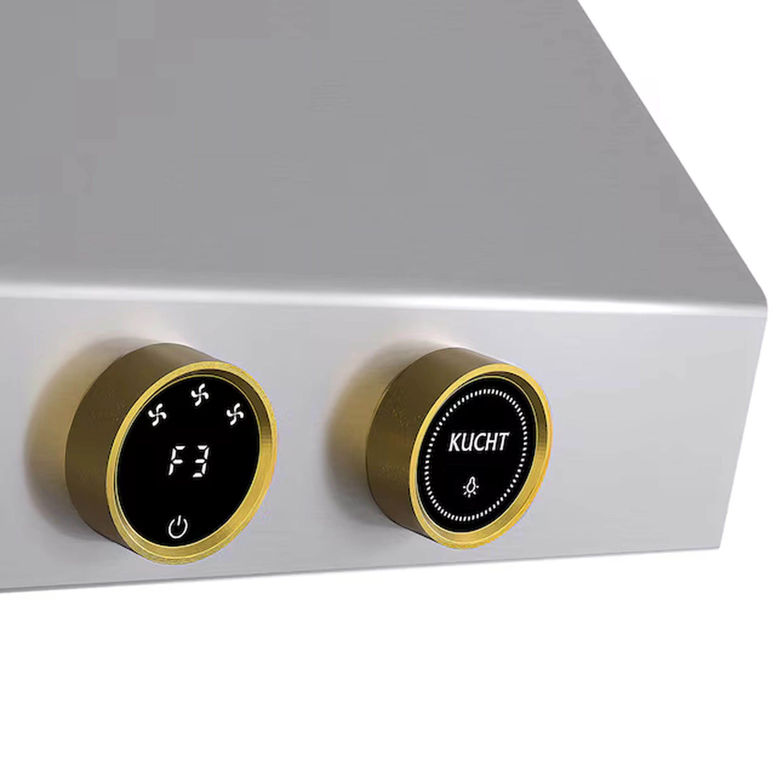 Stainless steel hood control panel with two gold-trimmed round buttons and display