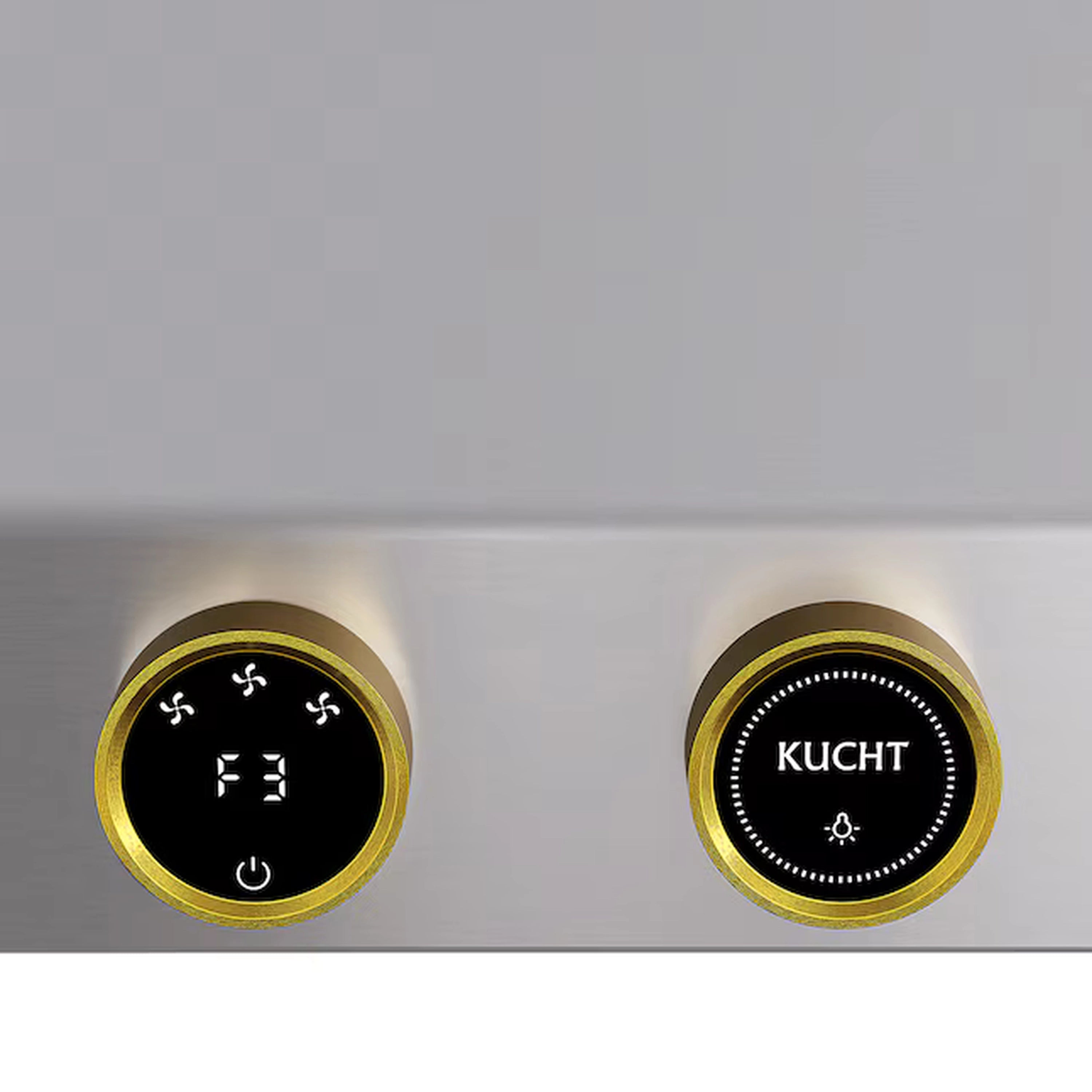 Stainless steel hood control panel with gold-trimmed round buttons and Kucht screen