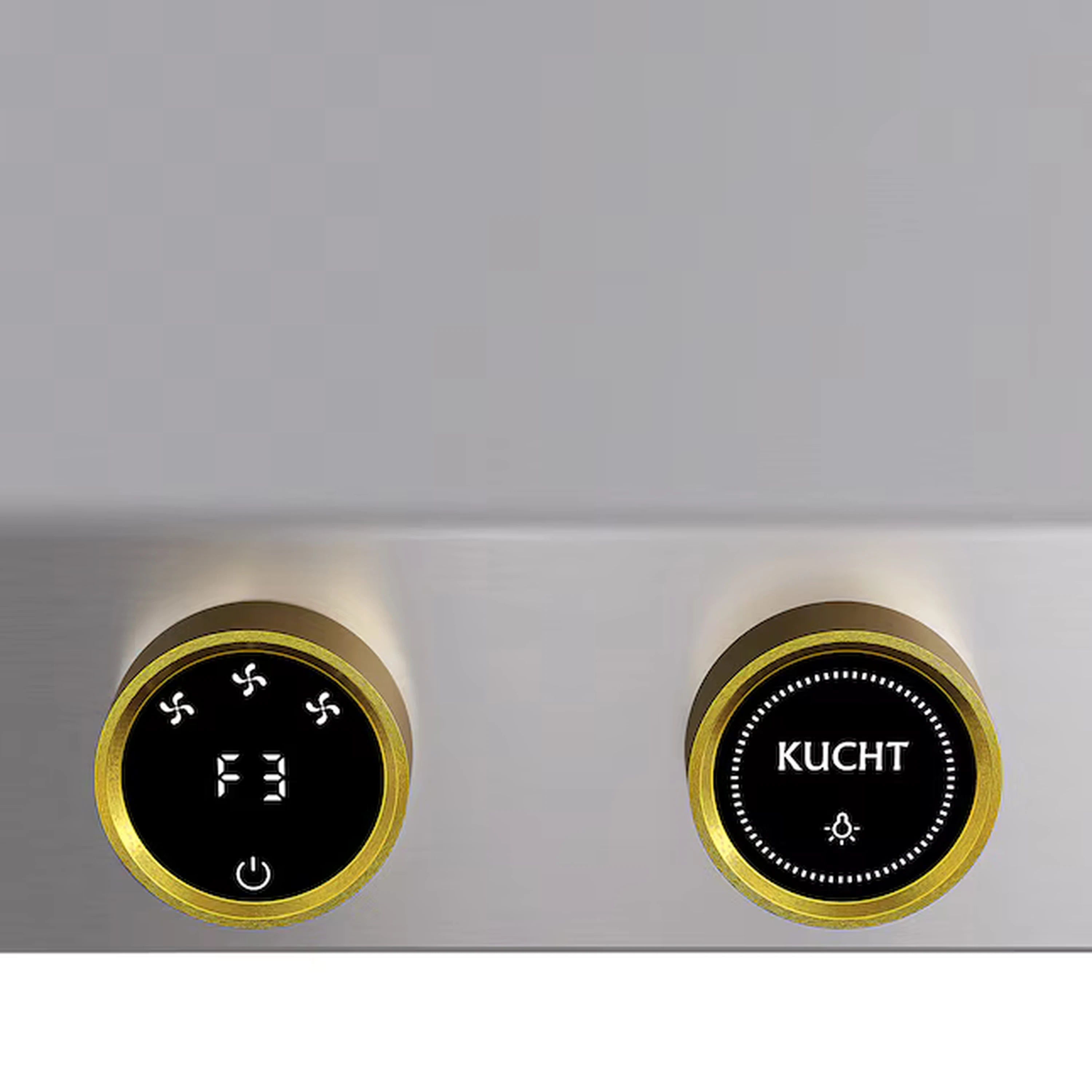 Stainless steel under-cabinet range hood control panel with gold rings and Kucht buttons
