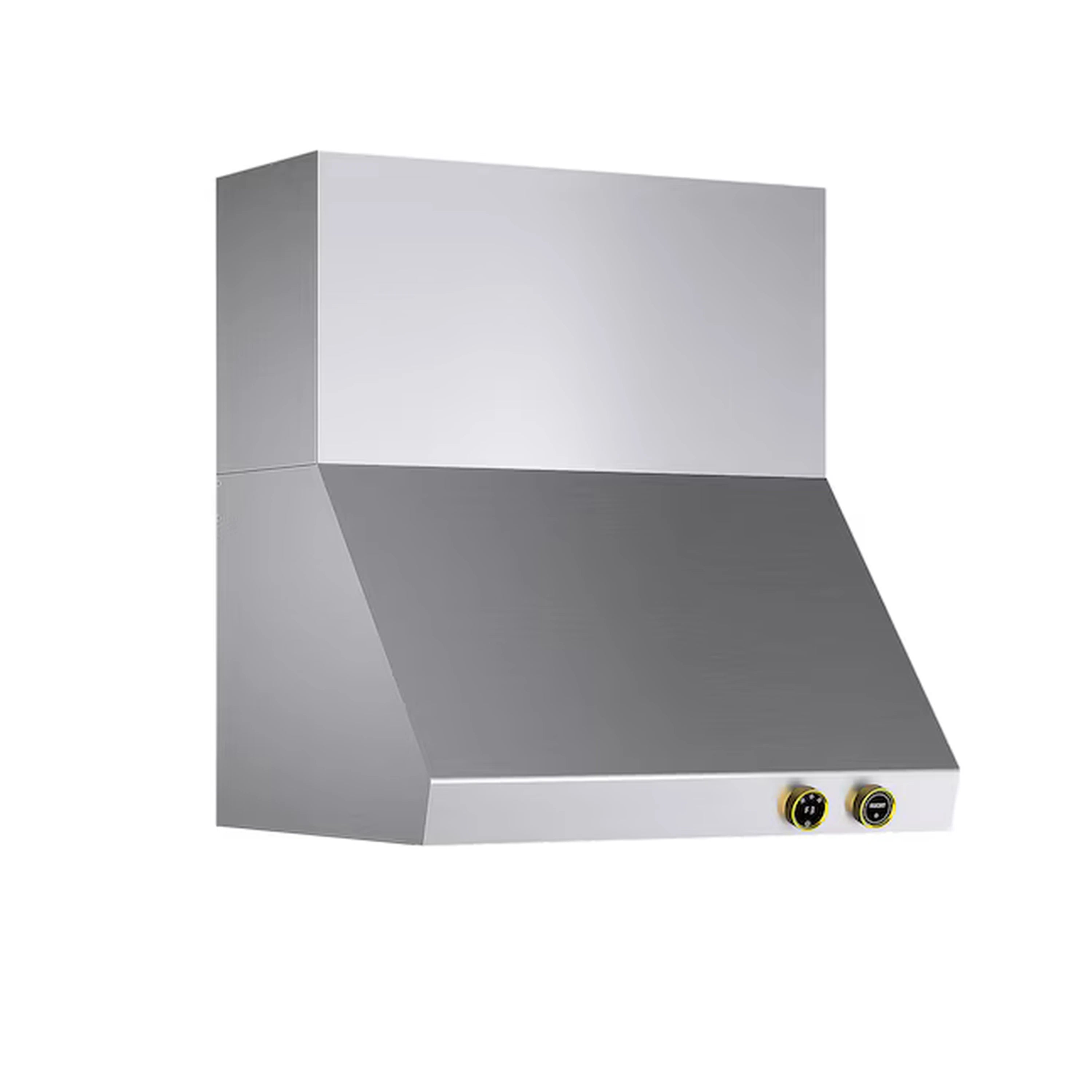 Stainless steel wall chimney hood with side control buttons near the lower edge