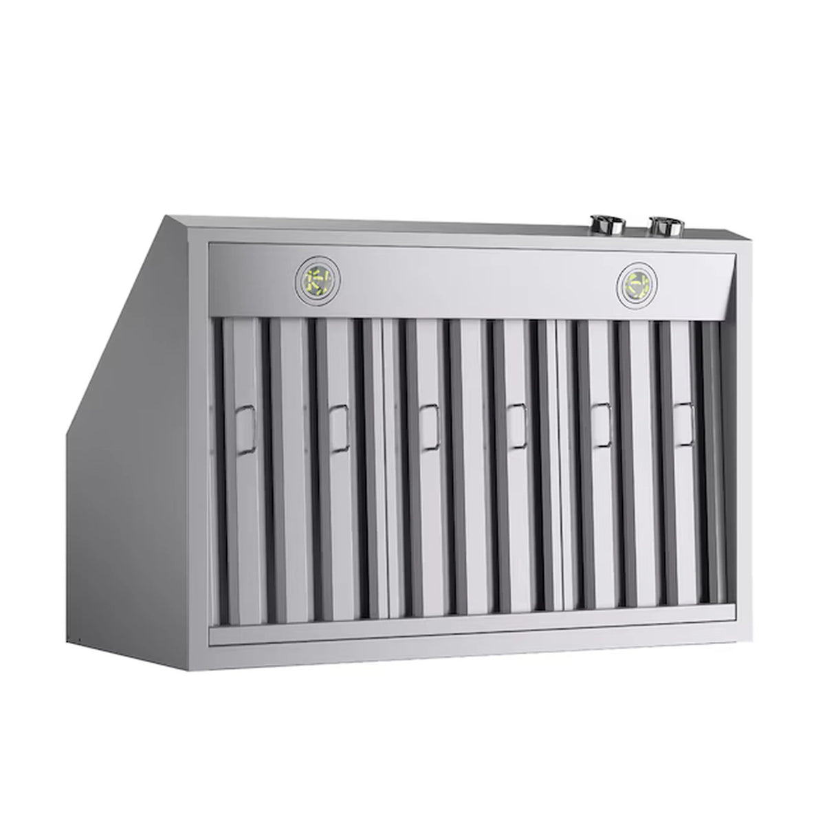 Stainless steel range hood with vent slats and two lit indicator lights on the front