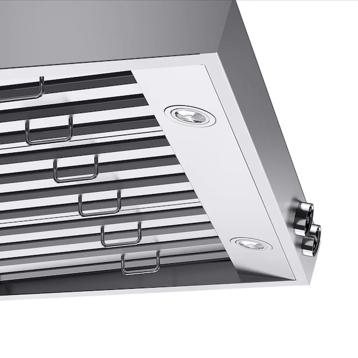 Range hood interior underside with filter bars and circular light openings