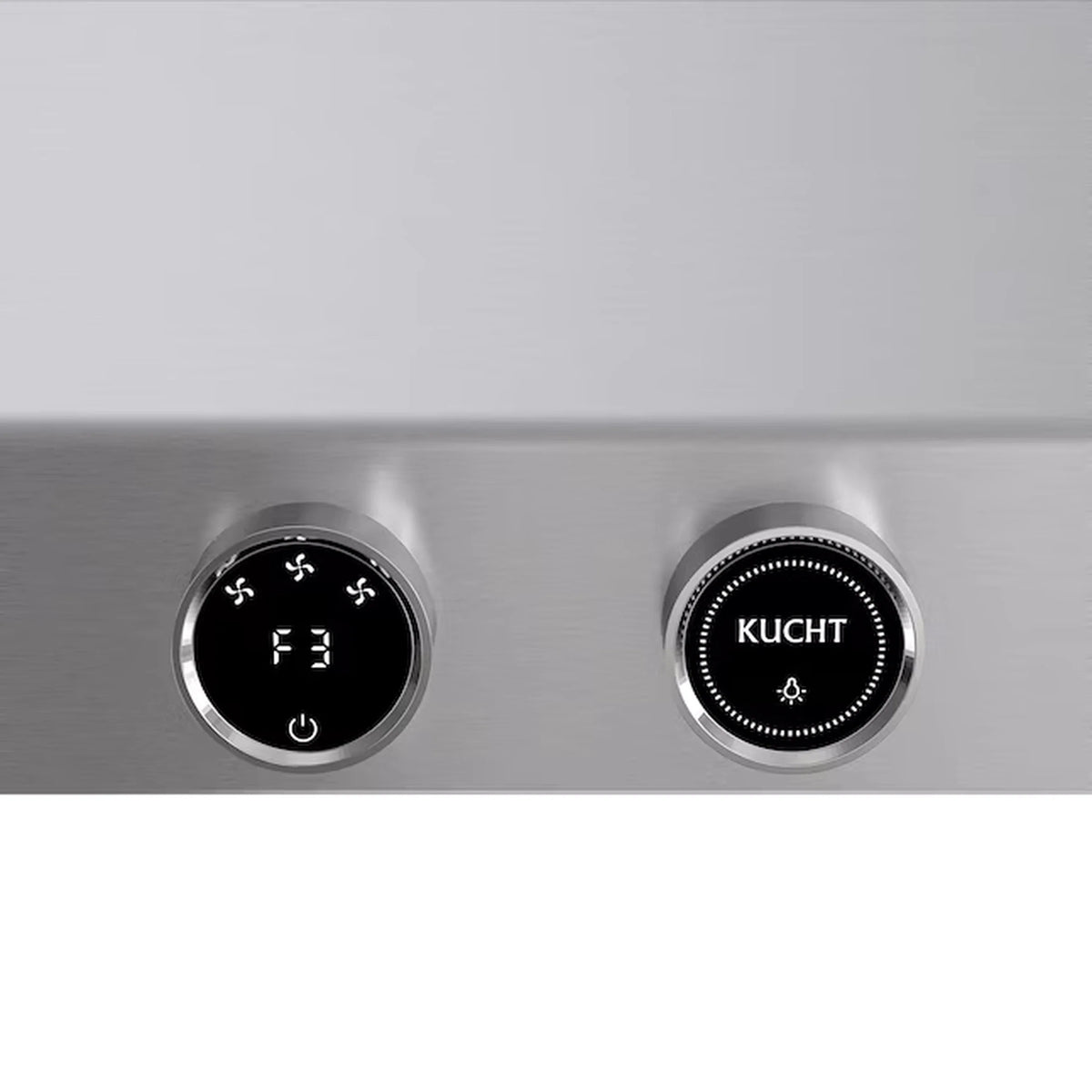 Stainless steel range hood control knobs with icons and Kucht label