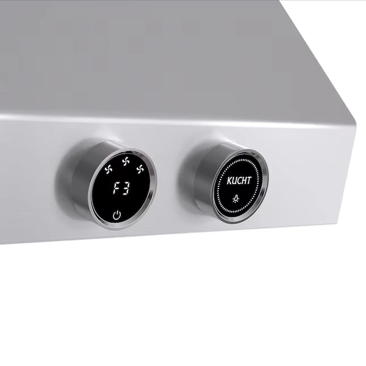 Range hood control panel with two round dials and Kucht logo