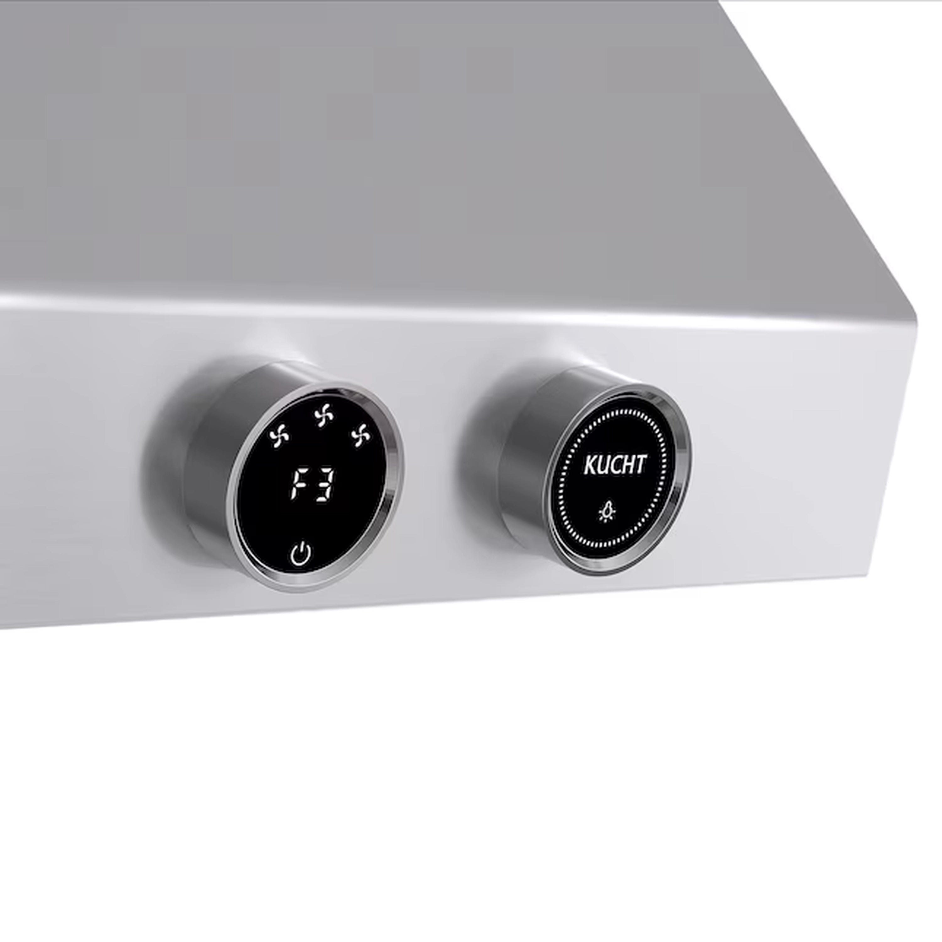 Stainless steel range hood front with two circular control buttons and black display
