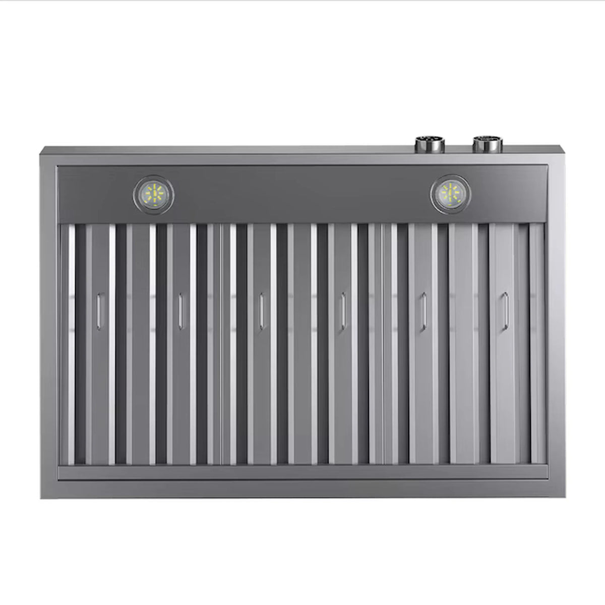 Stainless steel range hood with vertical baffle filters and two lit control indicators