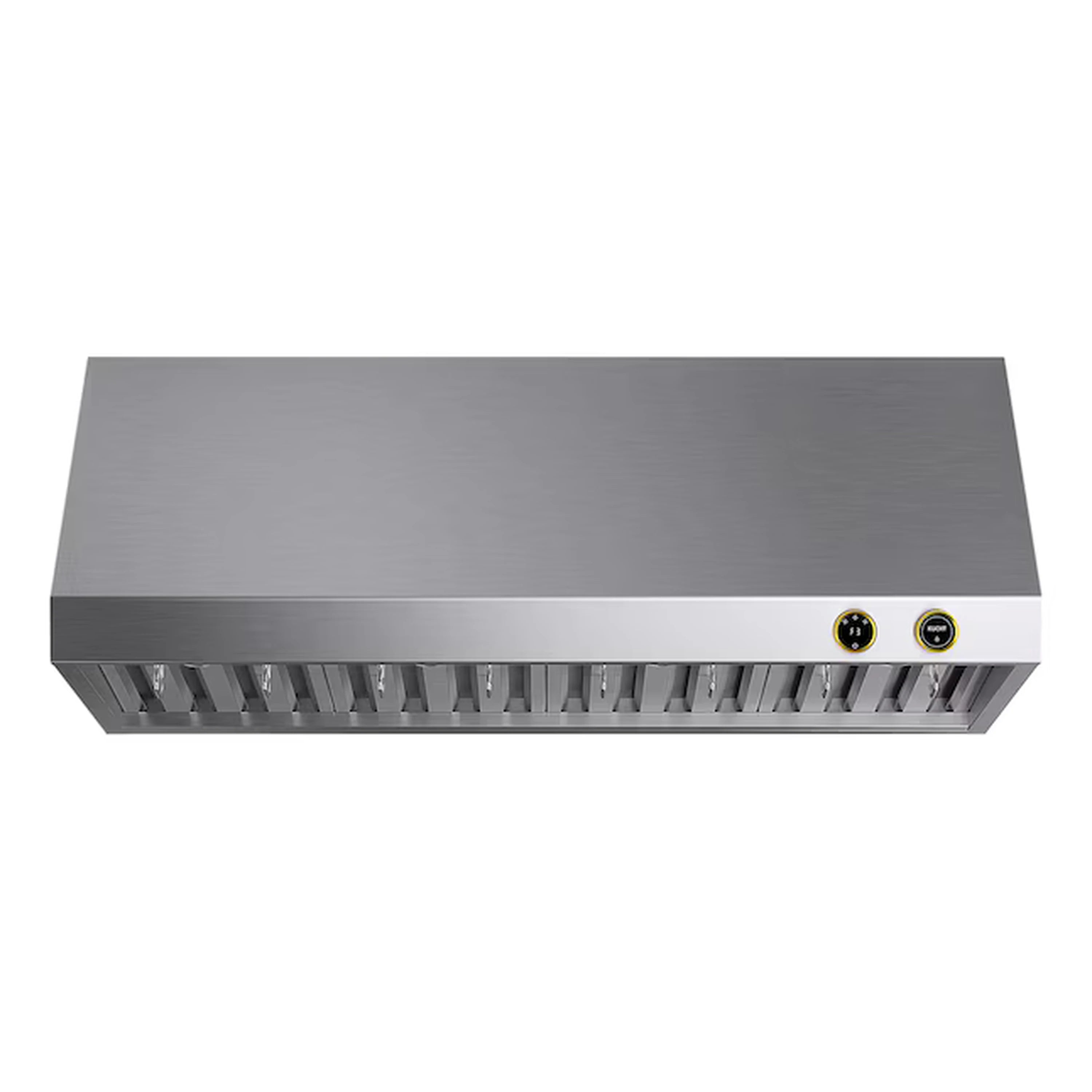 Stainless steel under-cabinet range hood underside with vent slots and two gold-accent buttons