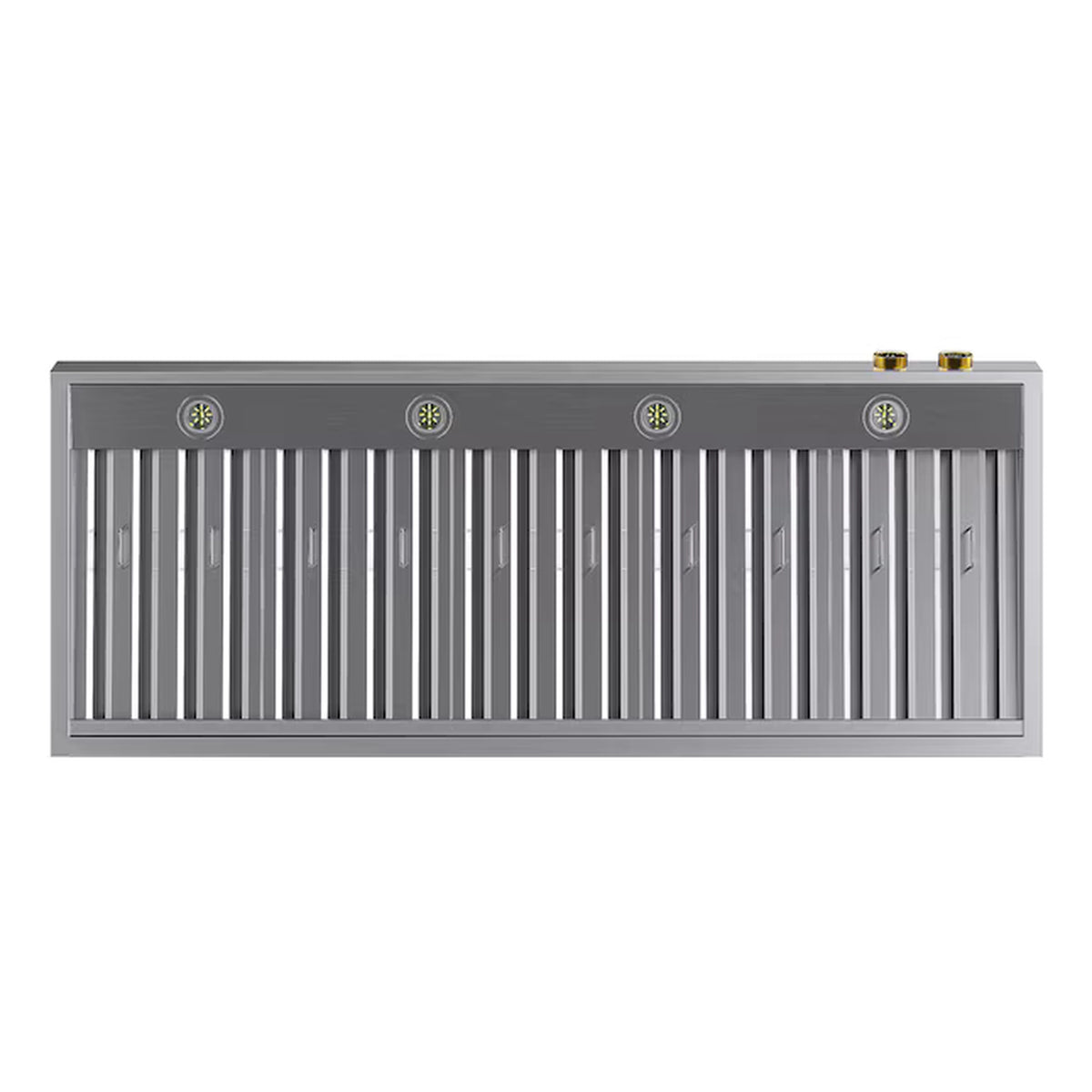 Stainless steel ducted wall range hood underside with vertical vent slats and four controls.