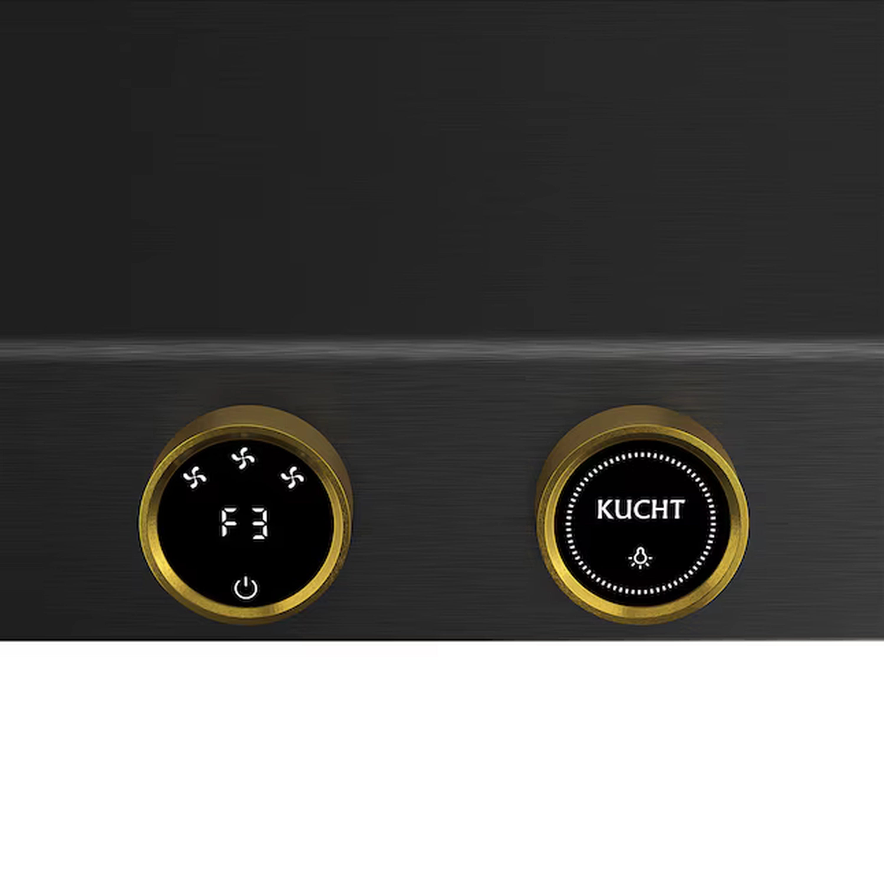 Close-up of gold control dials and digital display on dark under-cabinet range hood