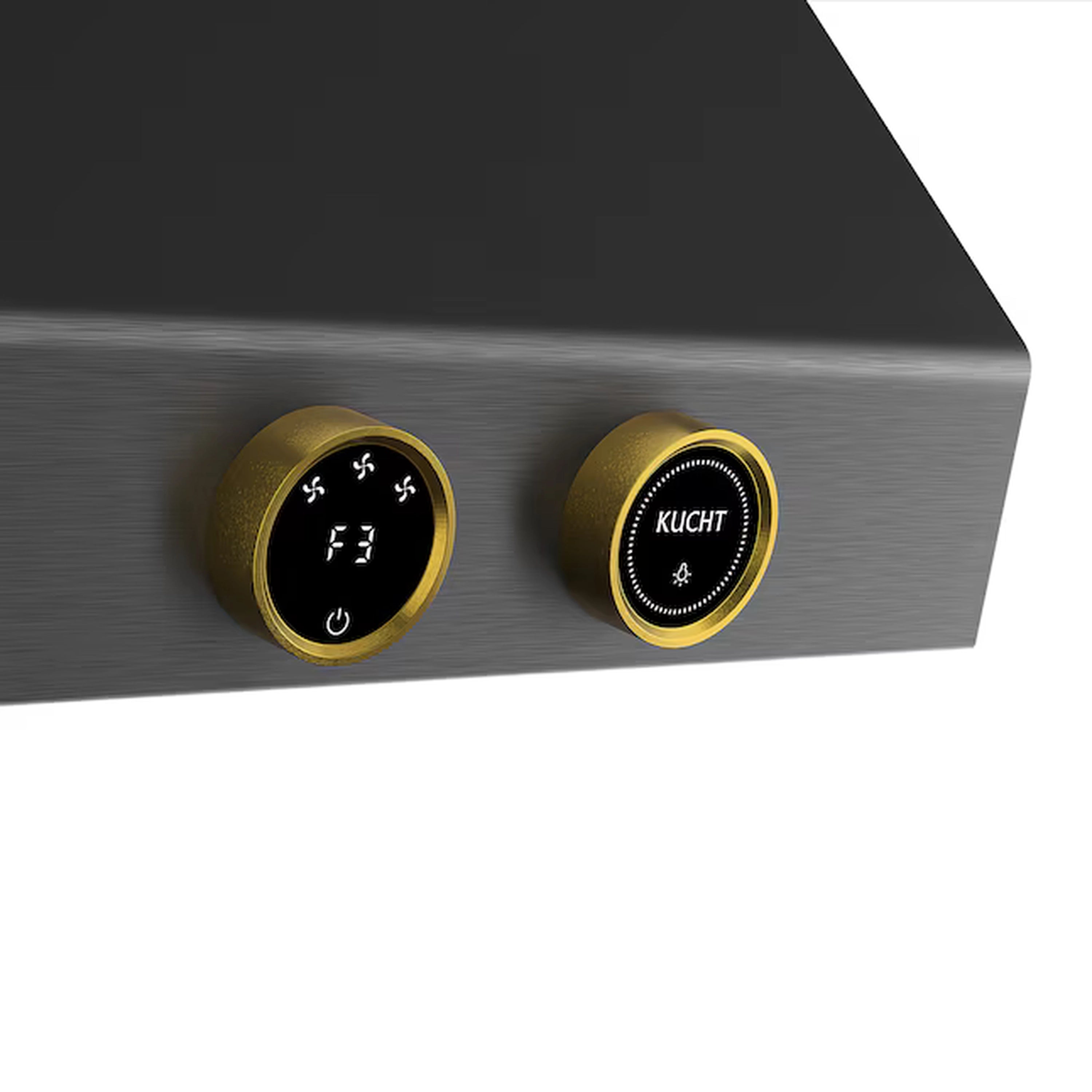 Gold-rimmed control buttons on dark range hood faceplate with Kucht logo
