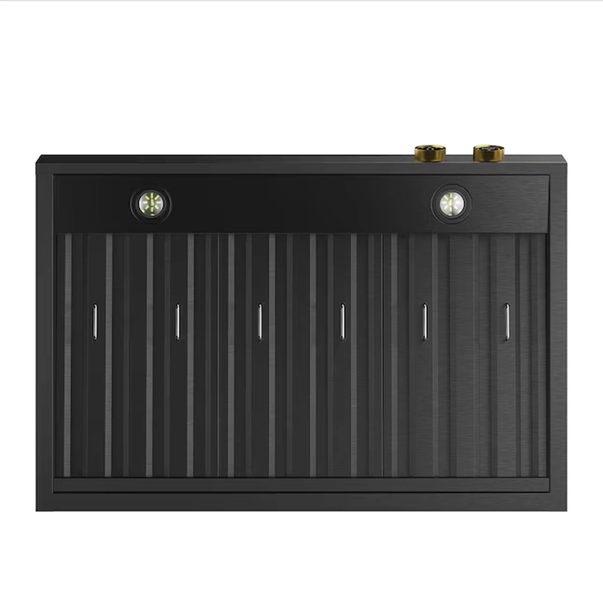 Dark range hood underside with vent baffles and two lit indicator lights